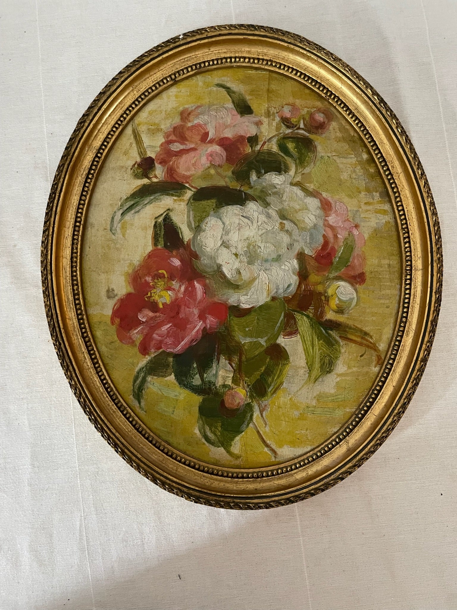 Early 20th c Oil on Canvas Floral Still Life in Oval Frame