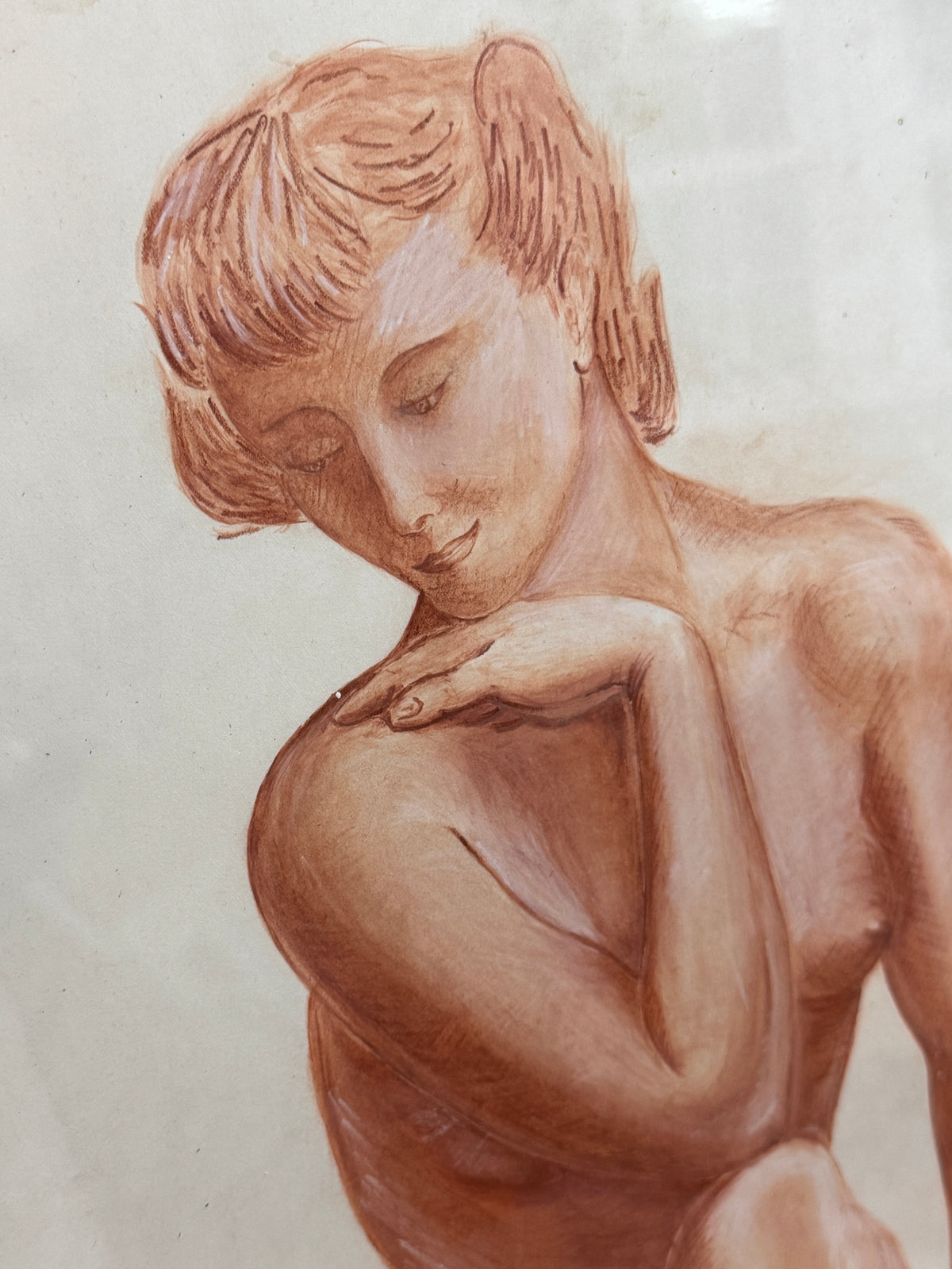 French Sanguine Drawing of a Kneeling Nude, Signed and Dated 1955