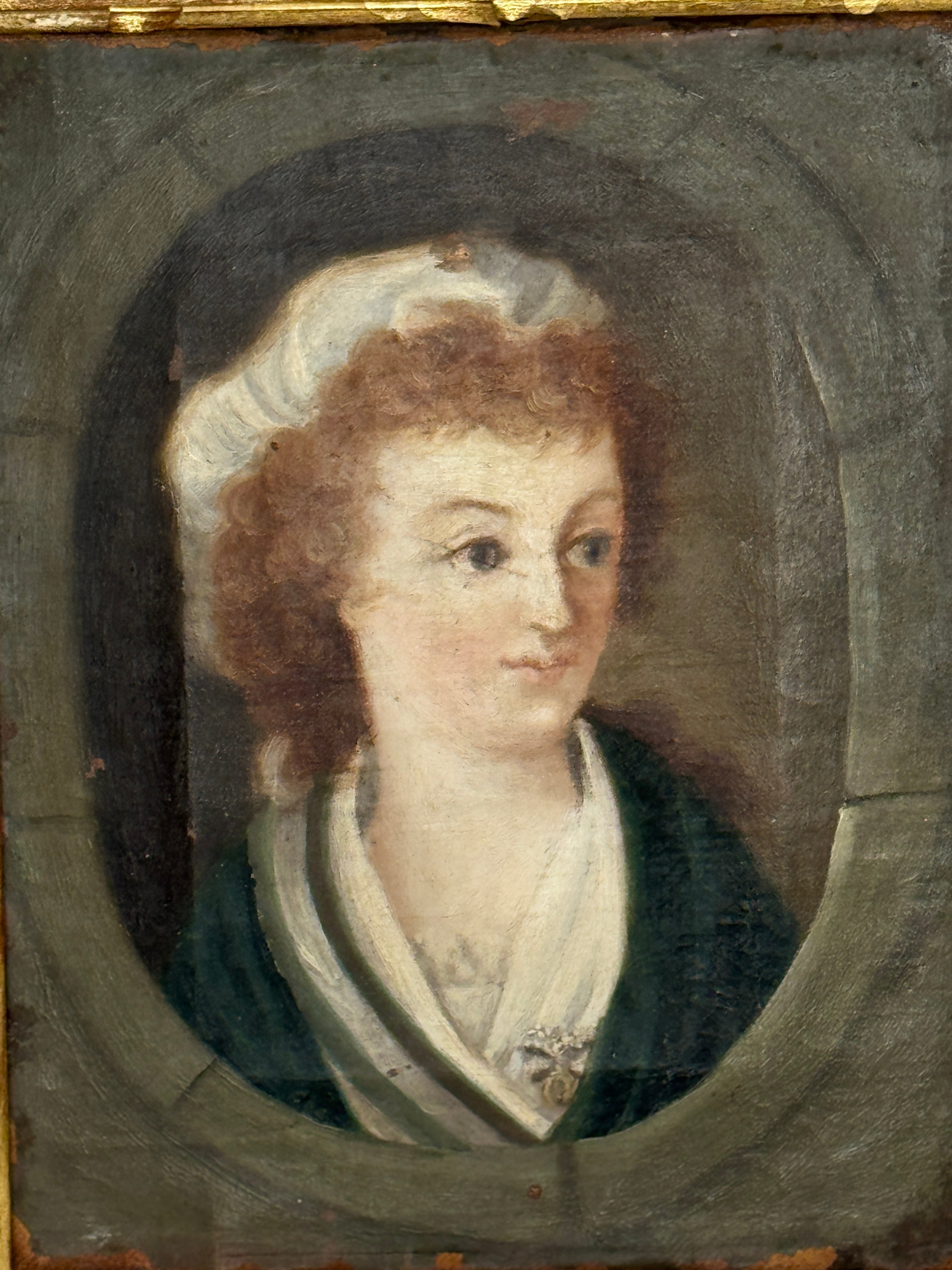 Antique French Portrait of a Young Woman in Bonnet, oil, late 18th / early 19th c.