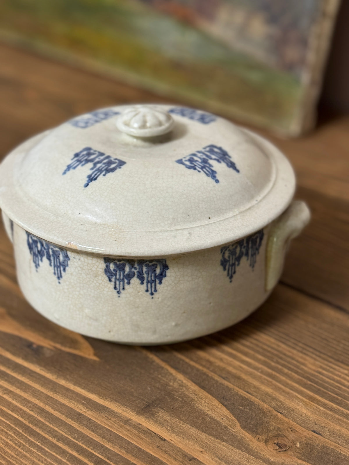 Antique French Saint-Uze Covered Dish, Blue Lambrequin