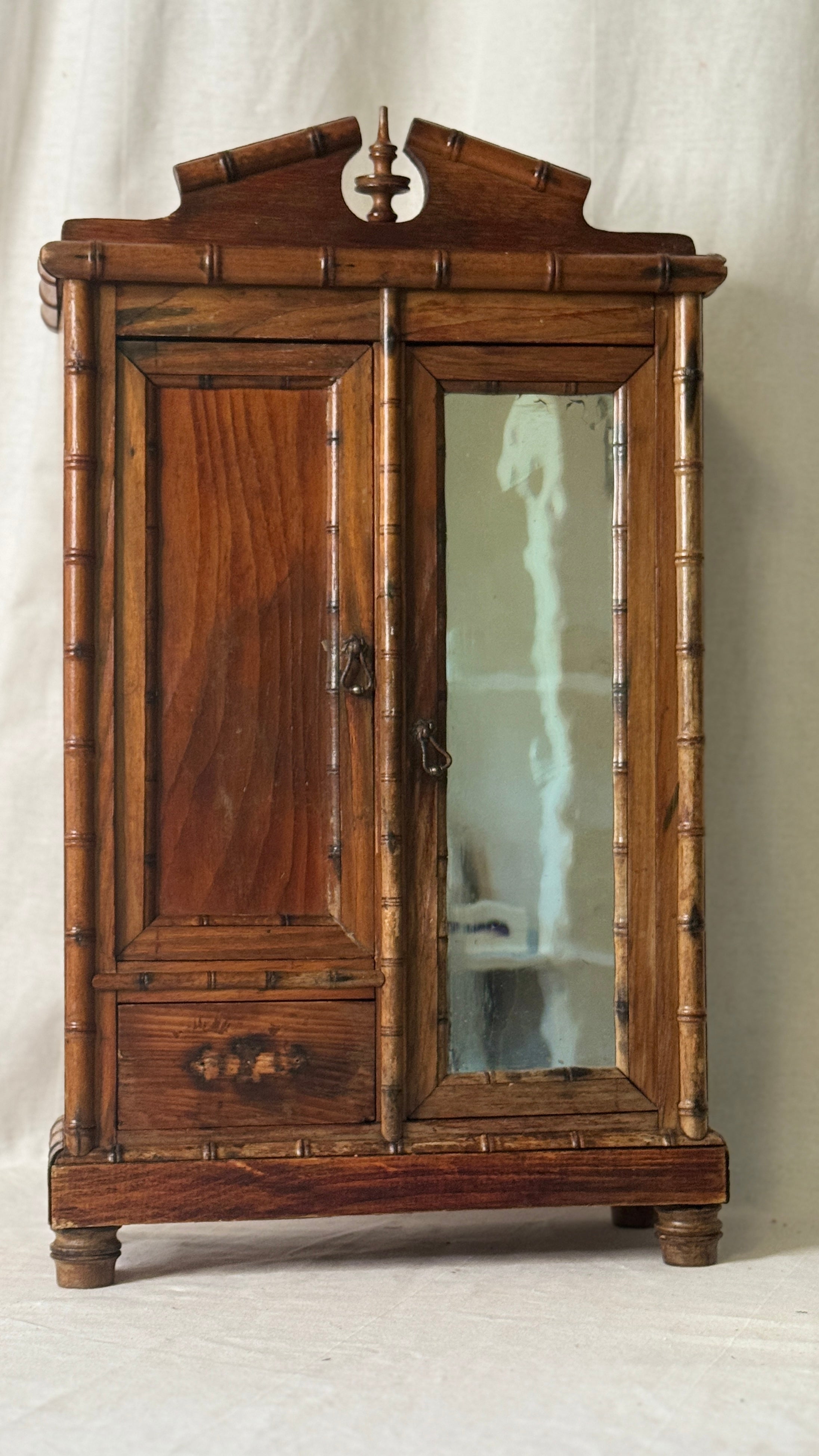 Antique French Faux-Bamboo Miniature Armoire, Belle Époque