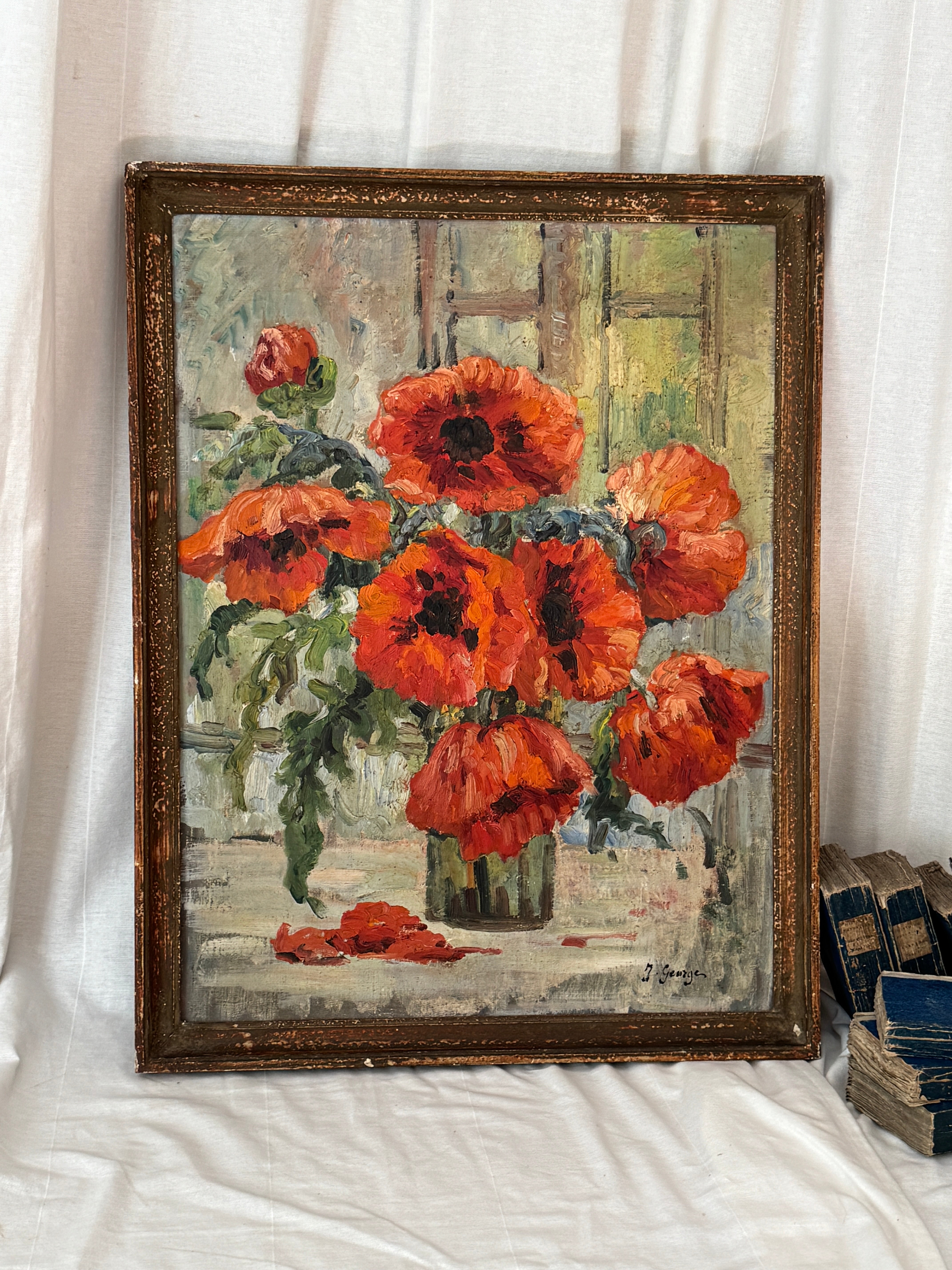 Antique French Oil Still Life of Poppies, Signed J. Georges, Early 20th Century