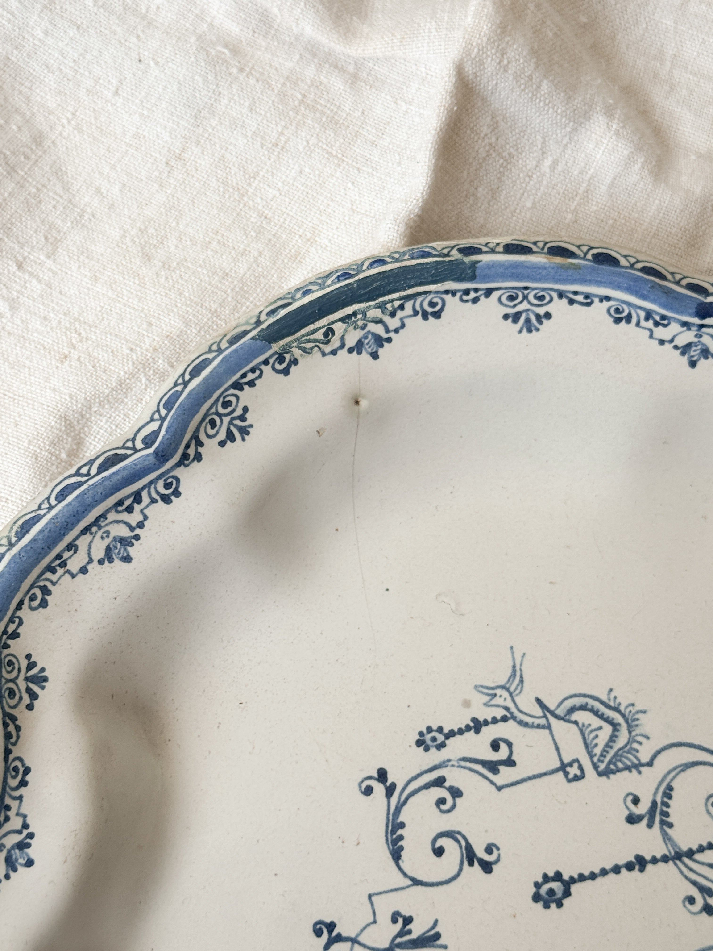 Antique French Faience Shaped Platter, Moustiers Style Bérain Decoration, 19th Century