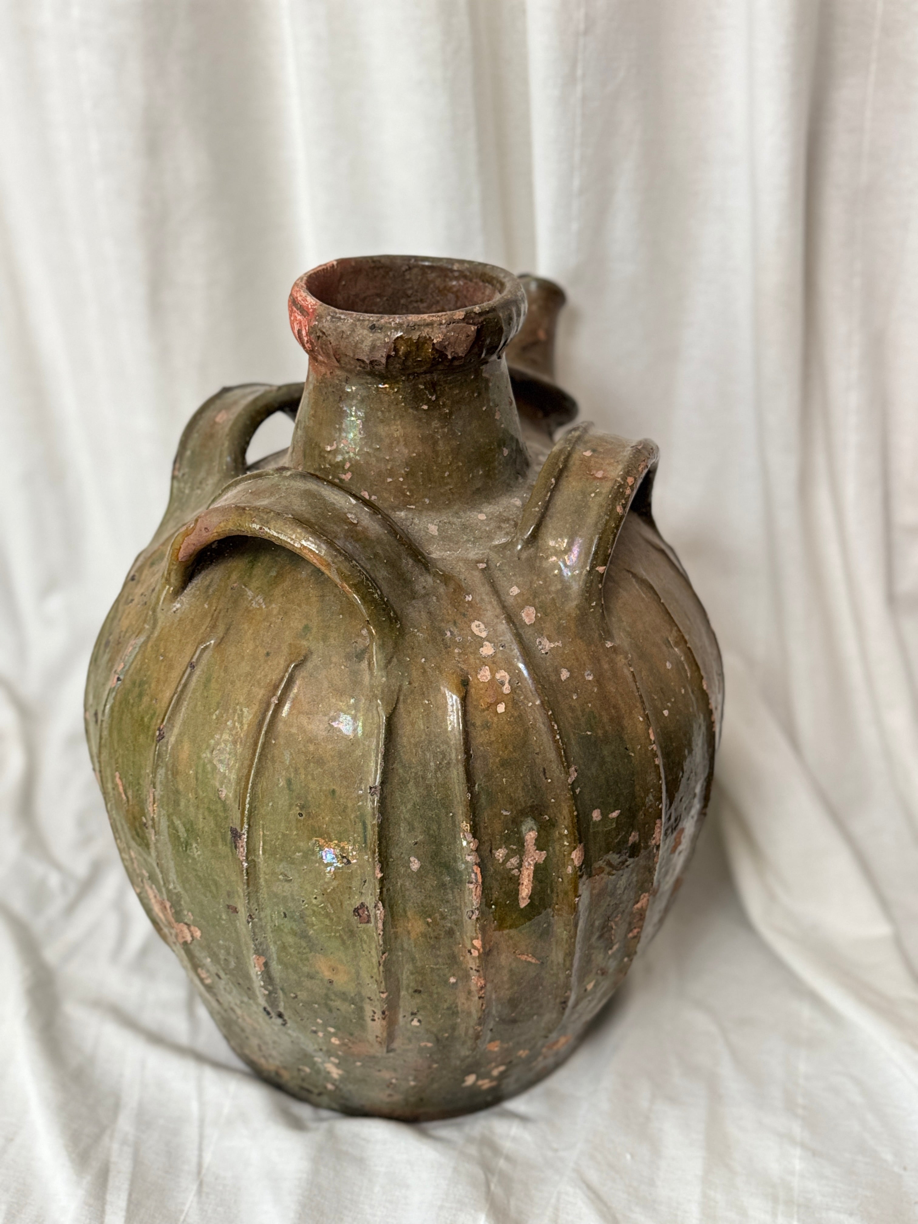 Antique French Walnut Oil Jug, Mélard à Bec, Green Glaze