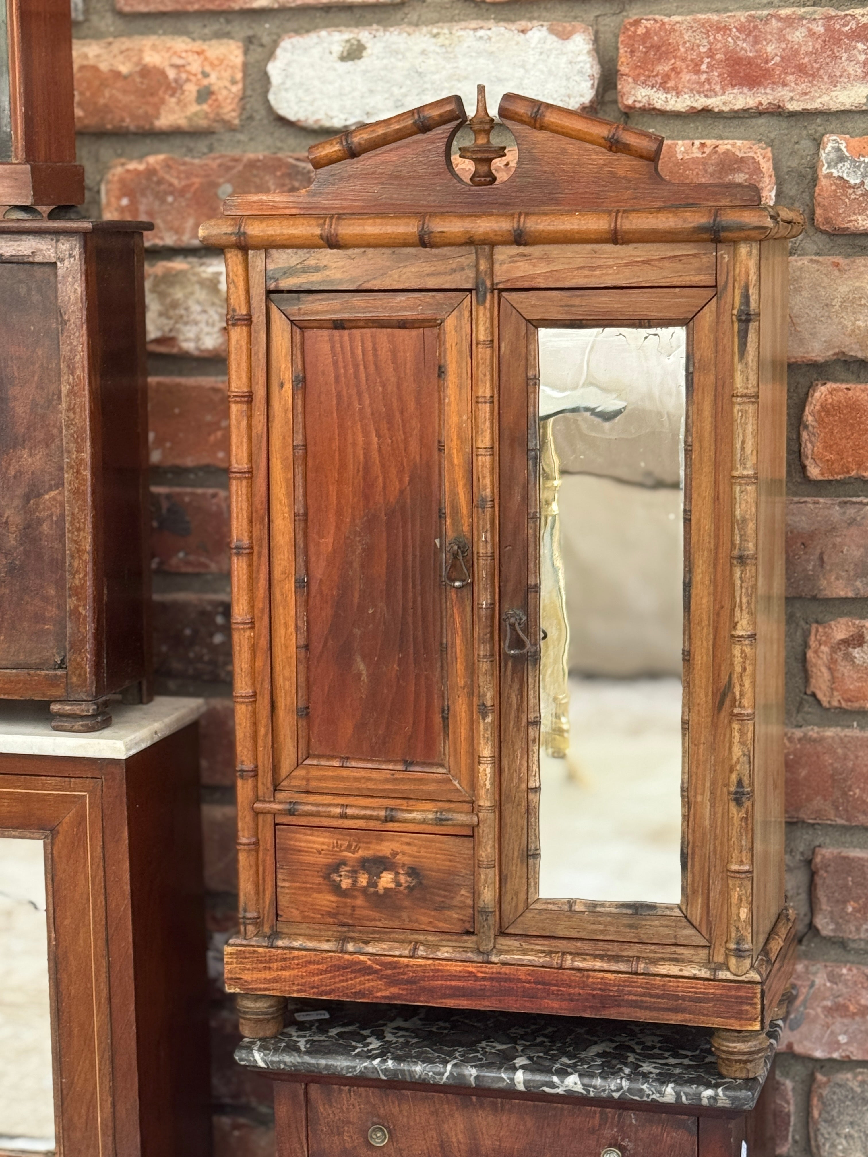 Antique French Faux-Bamboo Miniature Armoire, Belle Époque
