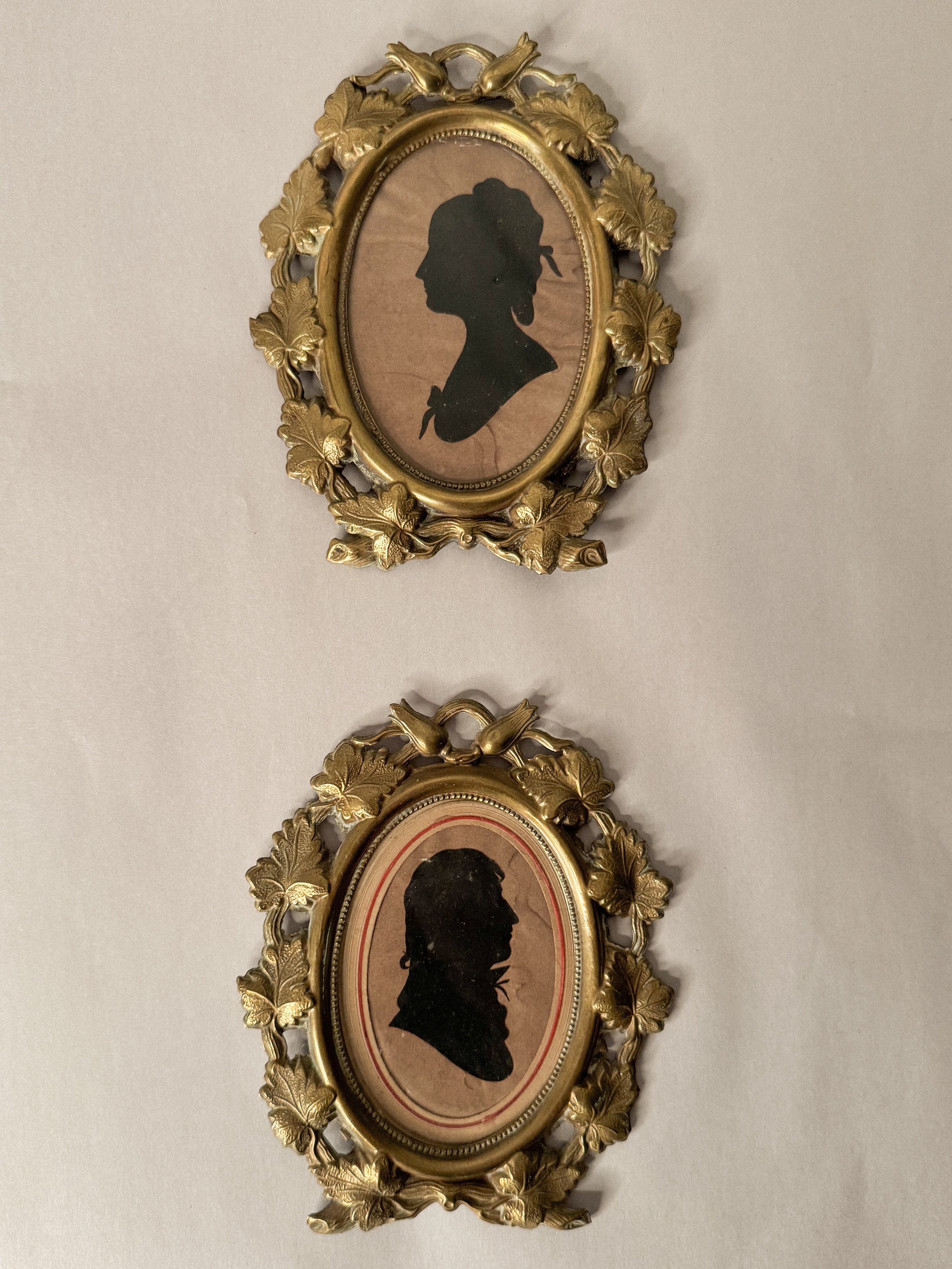 Pair of 19th-Century Silhouette Portraits in Romantic Brass Frames