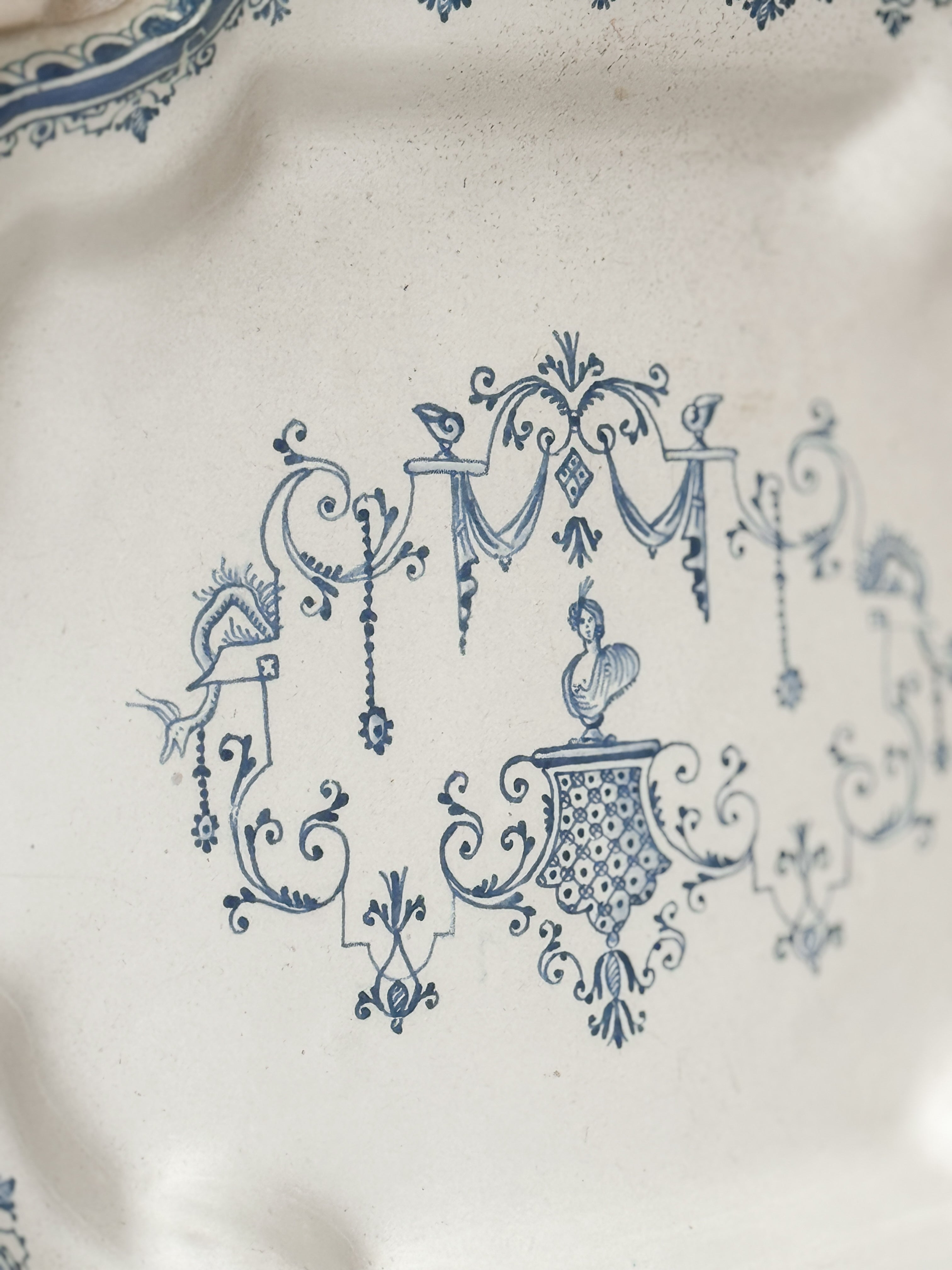 Antique French Faience Shaped Platter, Moustiers Style Bérain Decoration, 19th Century
