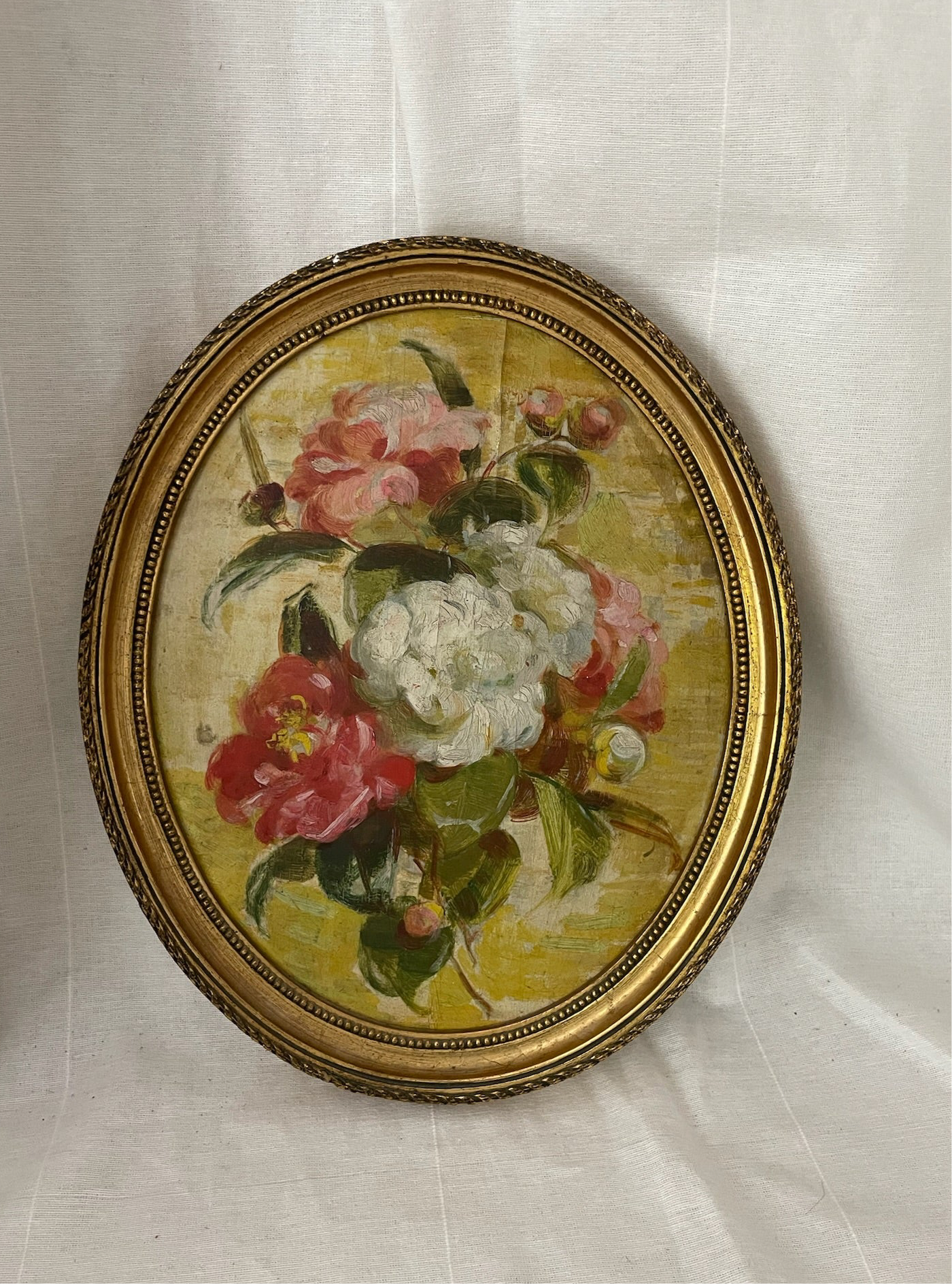 Early 20th c Oil on Canvas Floral Still Life in Oval Frame