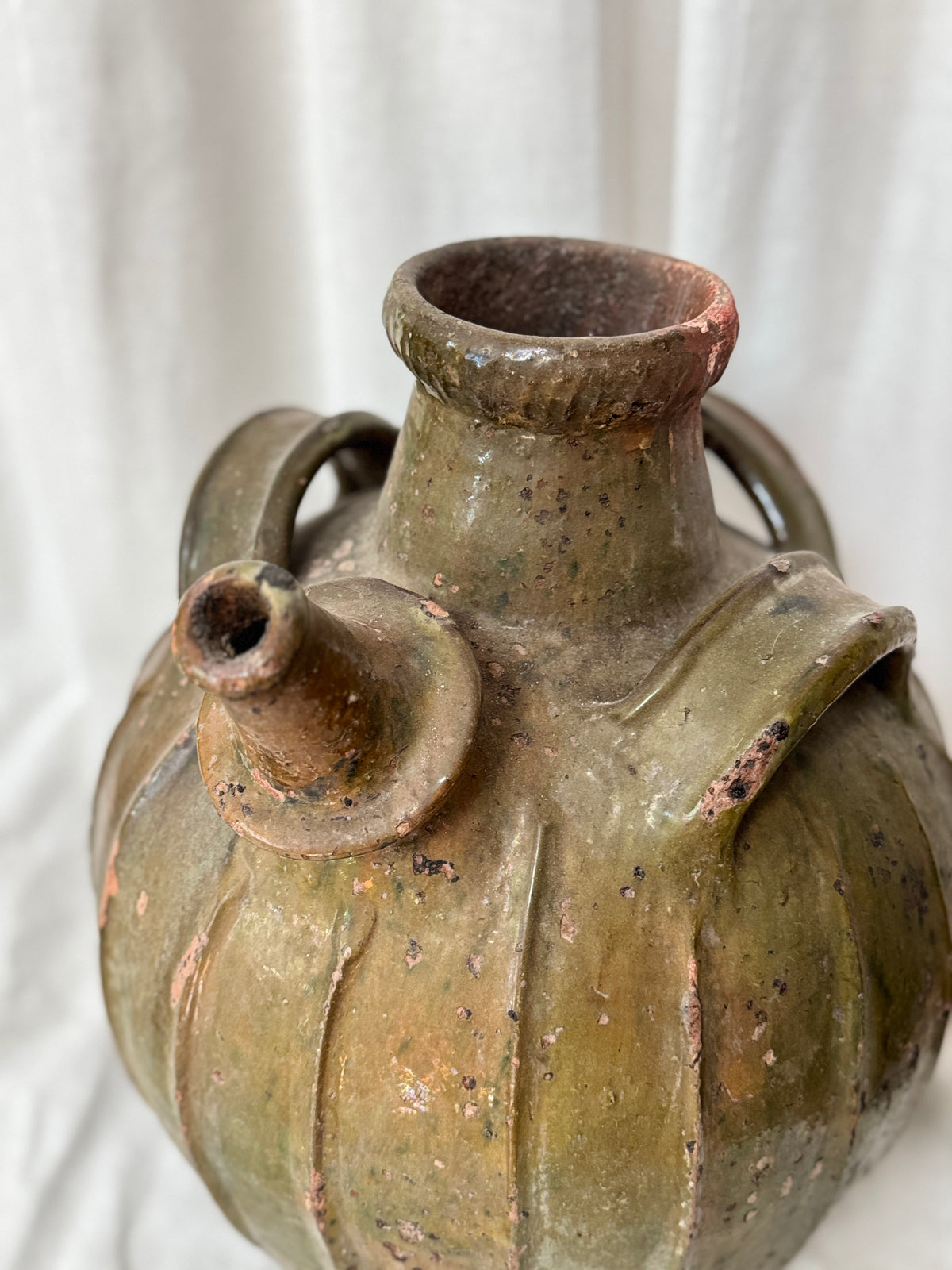 Antique French Walnut Oil Jug, Mélard à Bec, Green Glaze