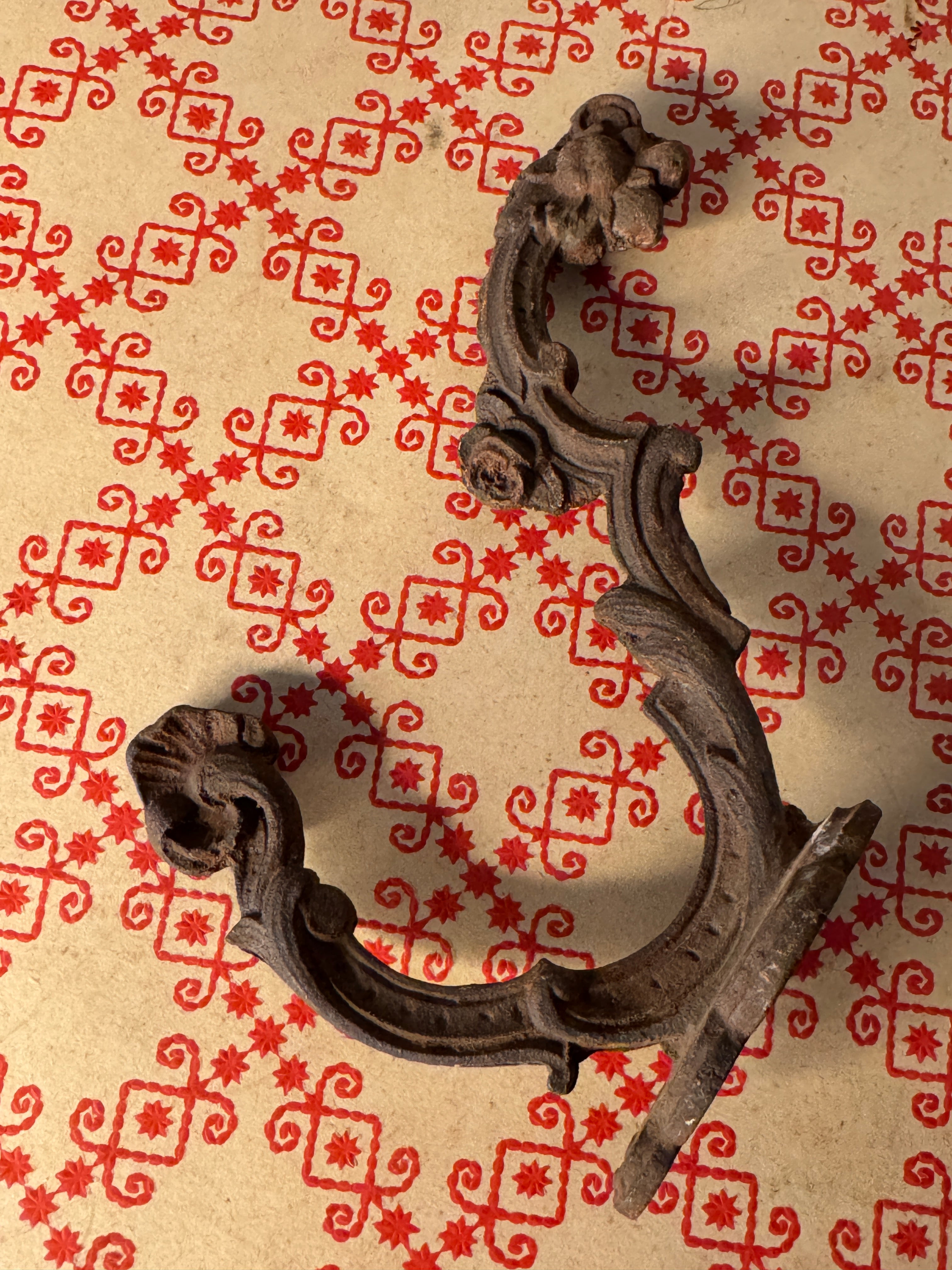Rococo cast iron Hook, mid 1800s, crisp floral Rose casting, honest rust 