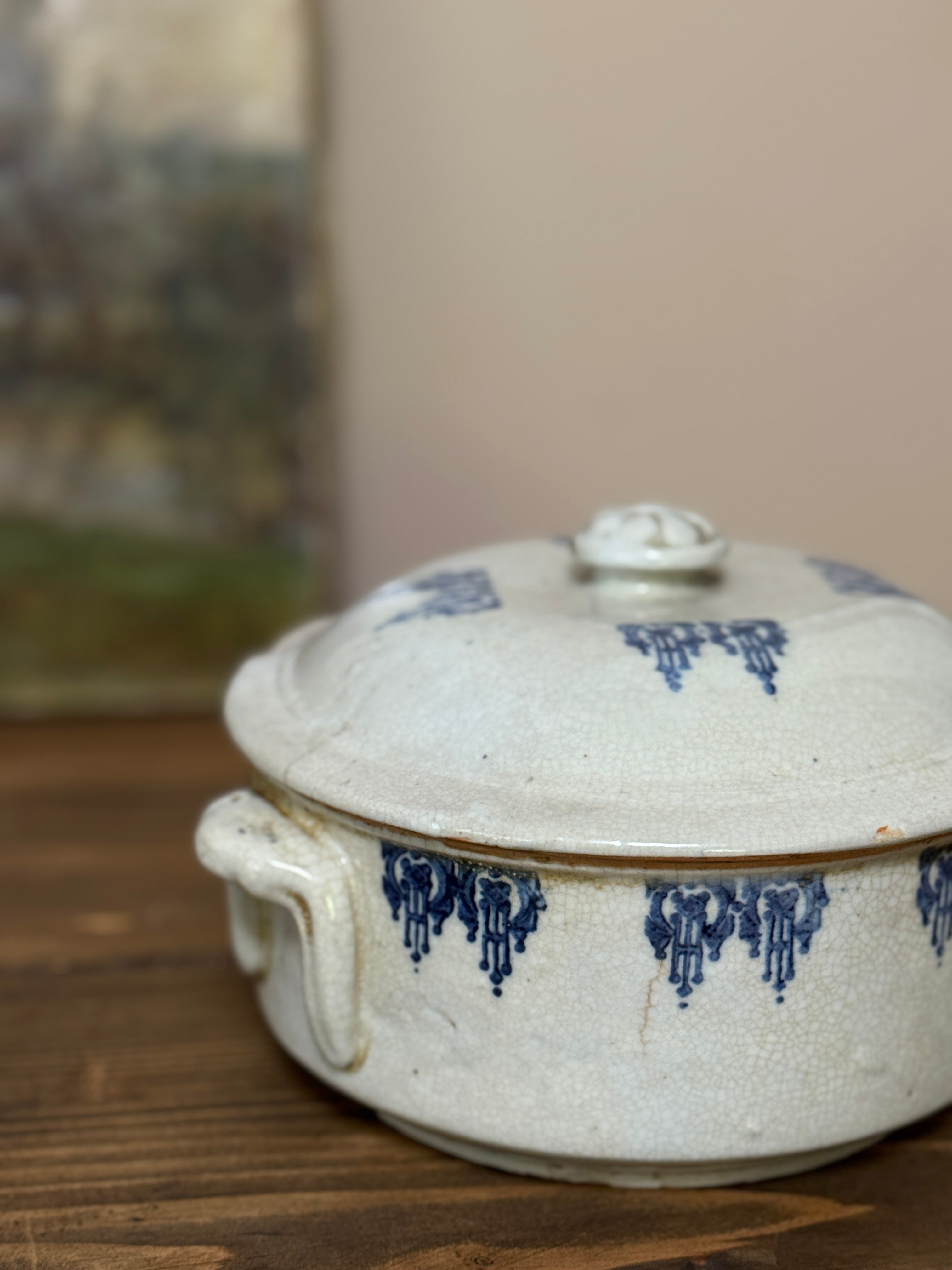 Antique French Saint-Uze Covered Dish, Blue Lambrequin