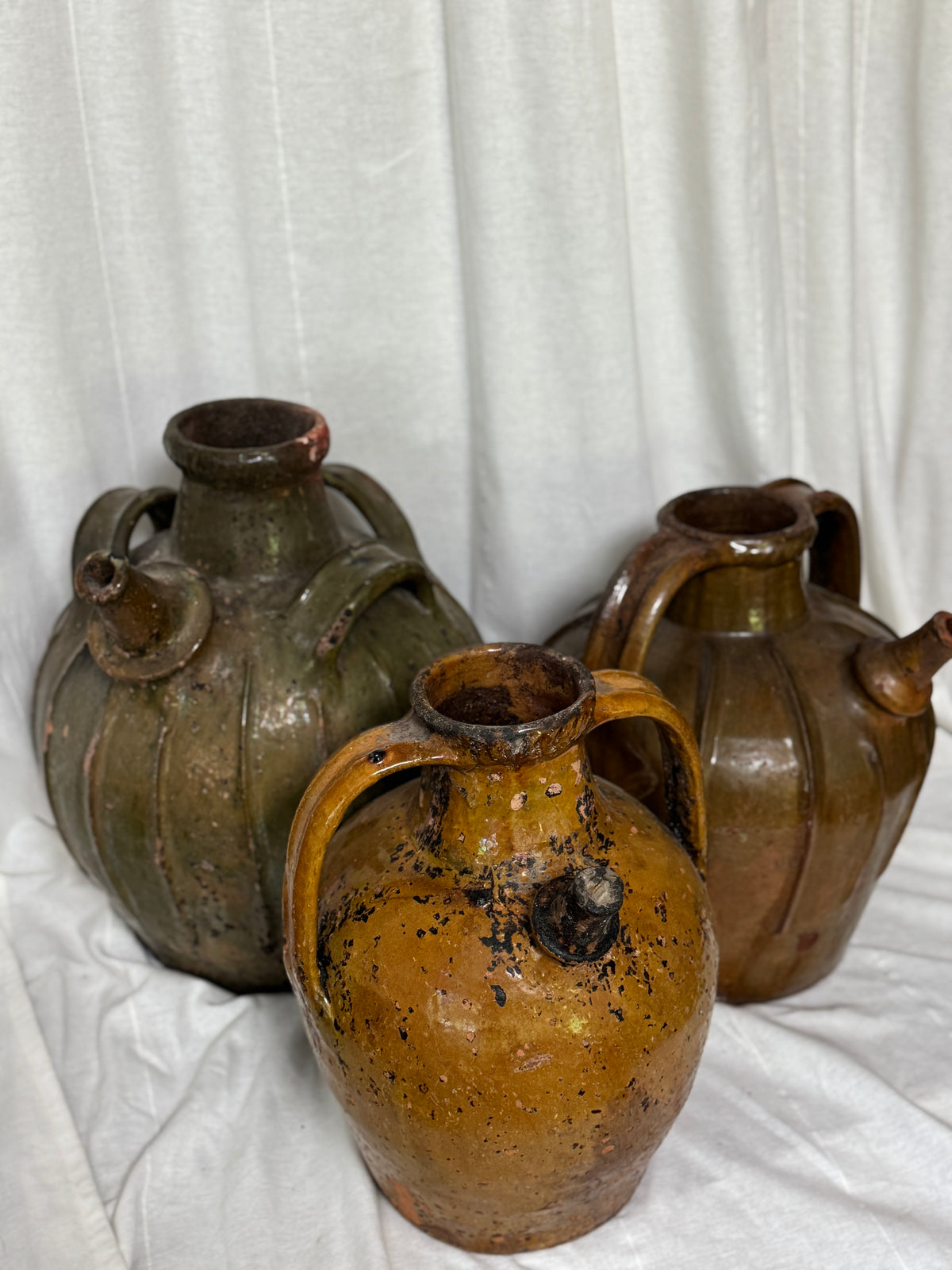 Antique French Walnut Oil Jug, Mélard à Bec, Green Glaze