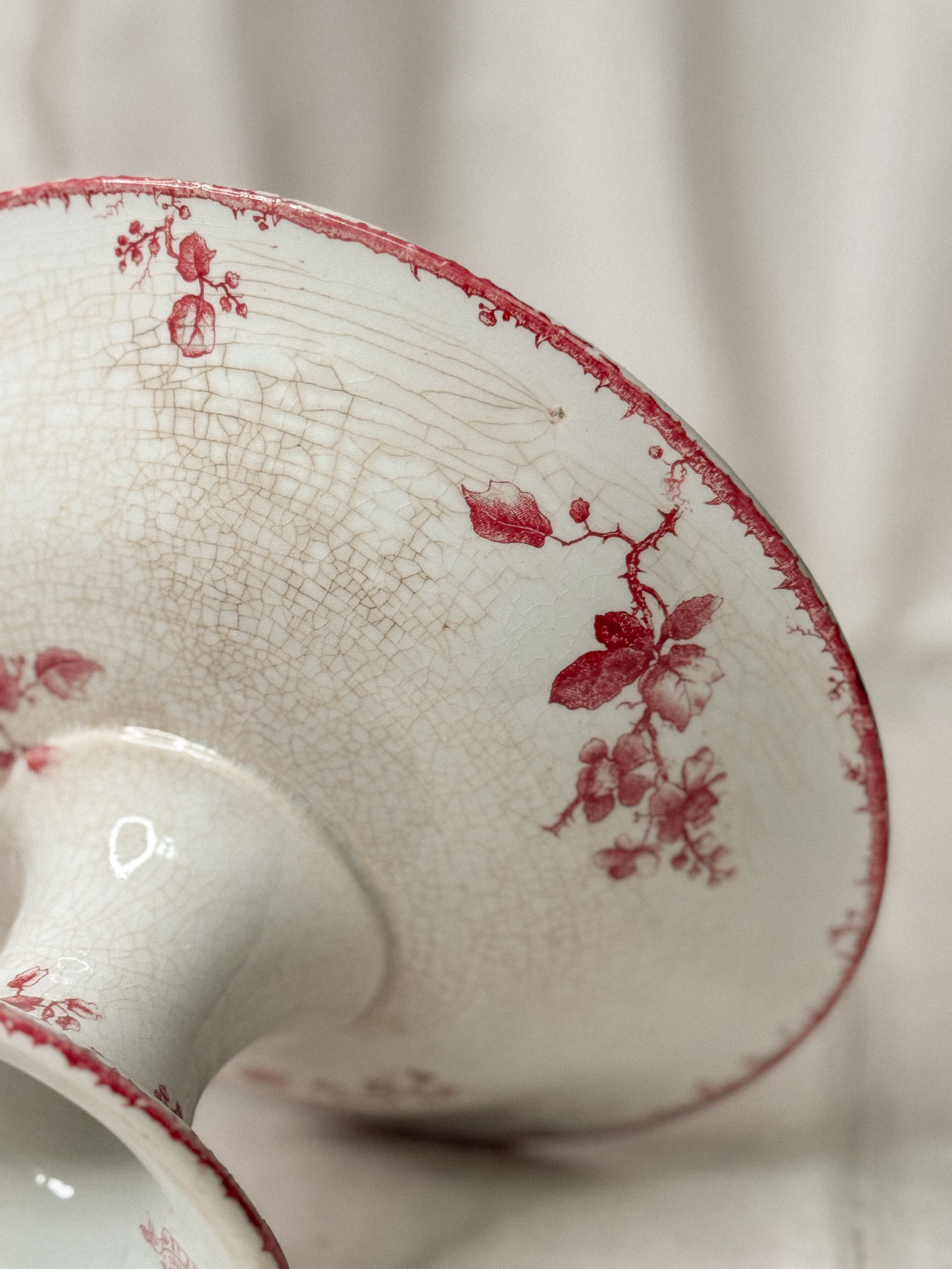 Antique French Red Transfer Bird & Floral Compotier