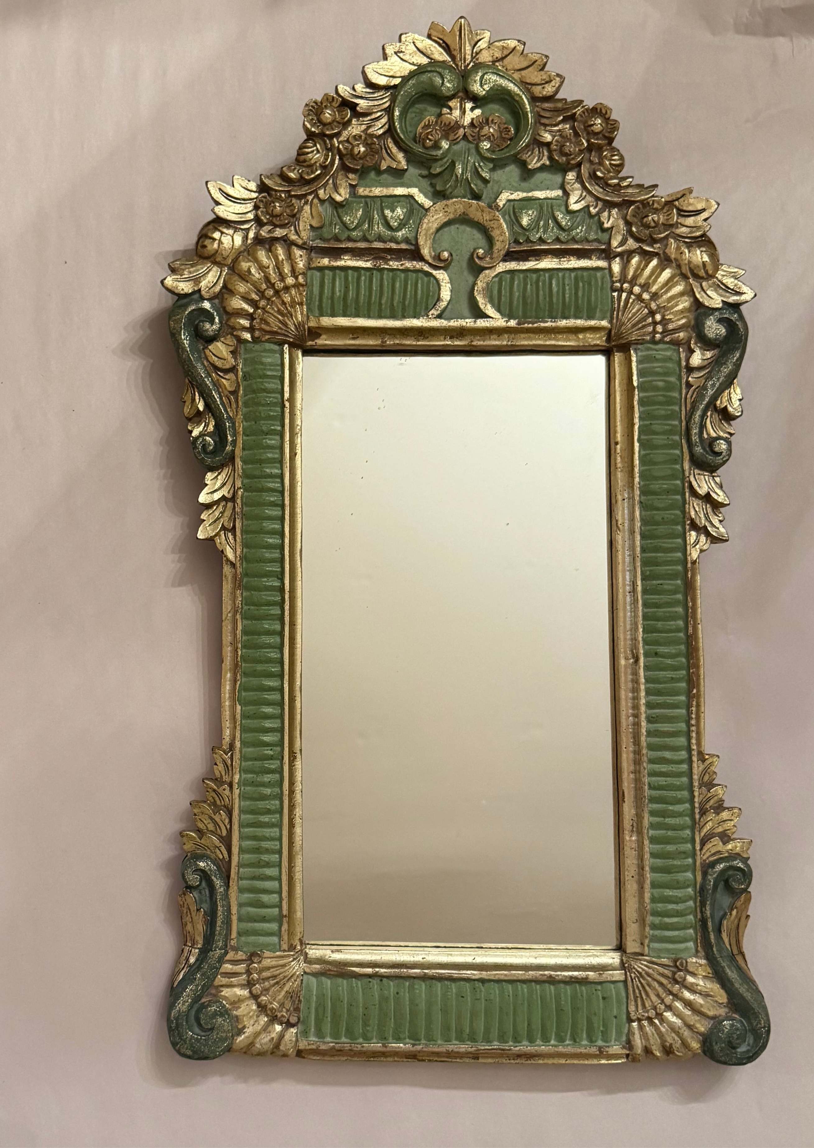 Antique Carved Green & Gilt Mirror with Floral Crest