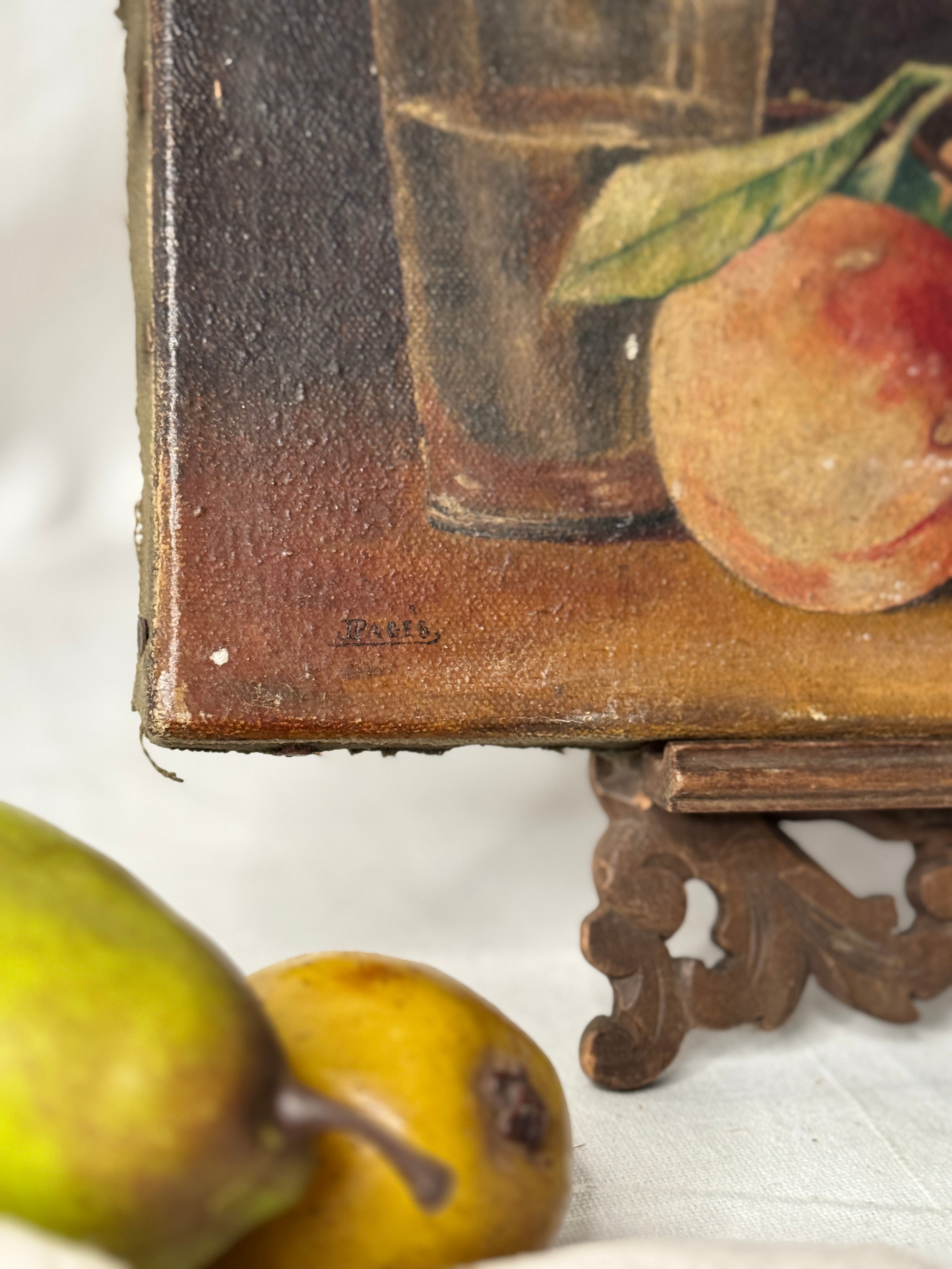 Antique French Still Life with Peaches, signed J. Pagès, late 19th / early 20th c.