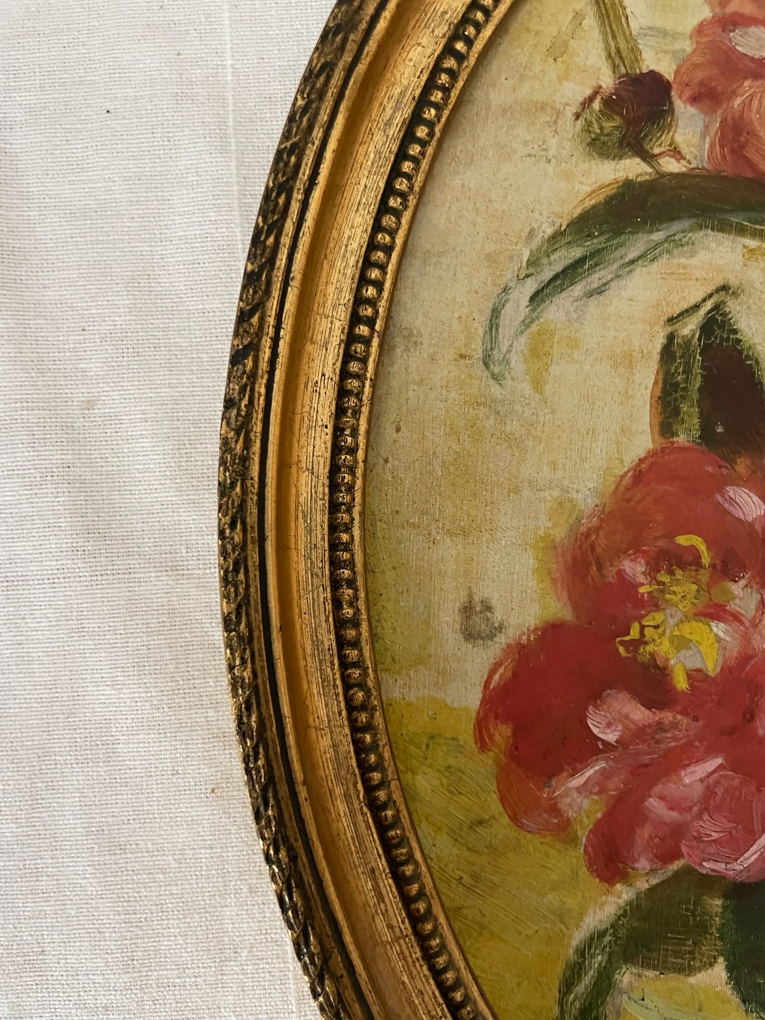 Early 20th c Oil on Canvas Floral Still Life in Oval Frame