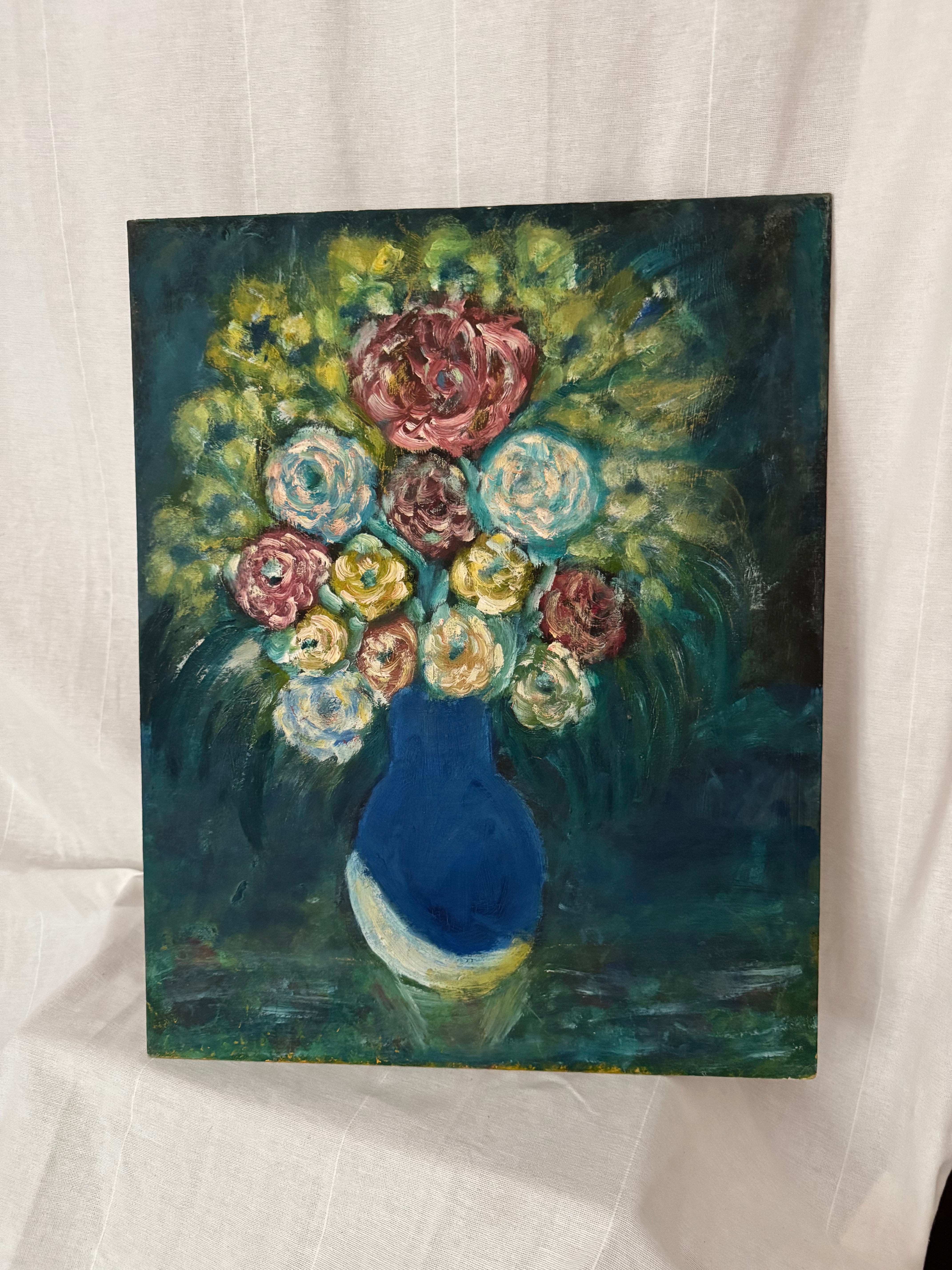 Oil Painting of Flowers in a Blue Vase