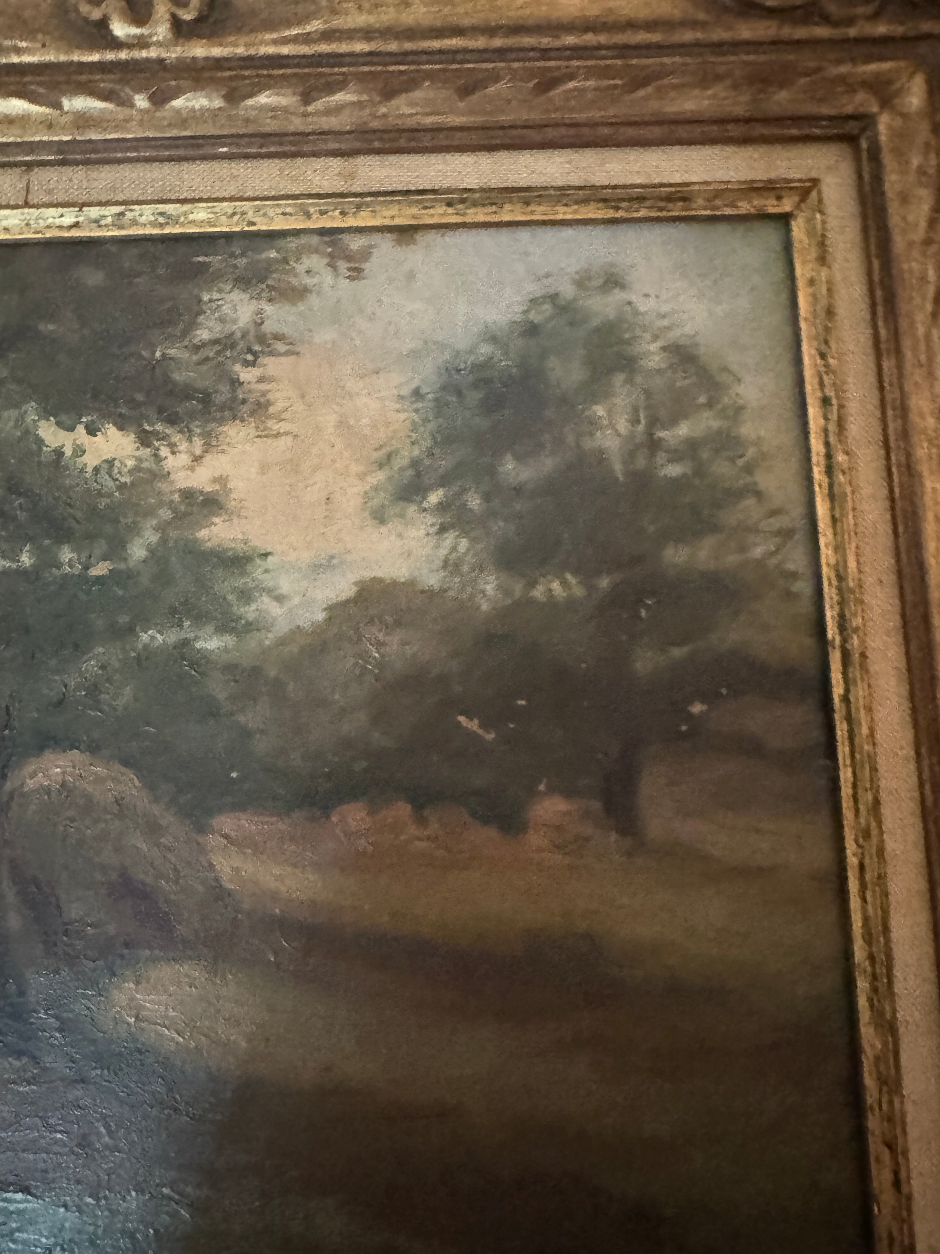 Antique Oil Landscape in the Barbizon Manner, Carved Giltwood Frame