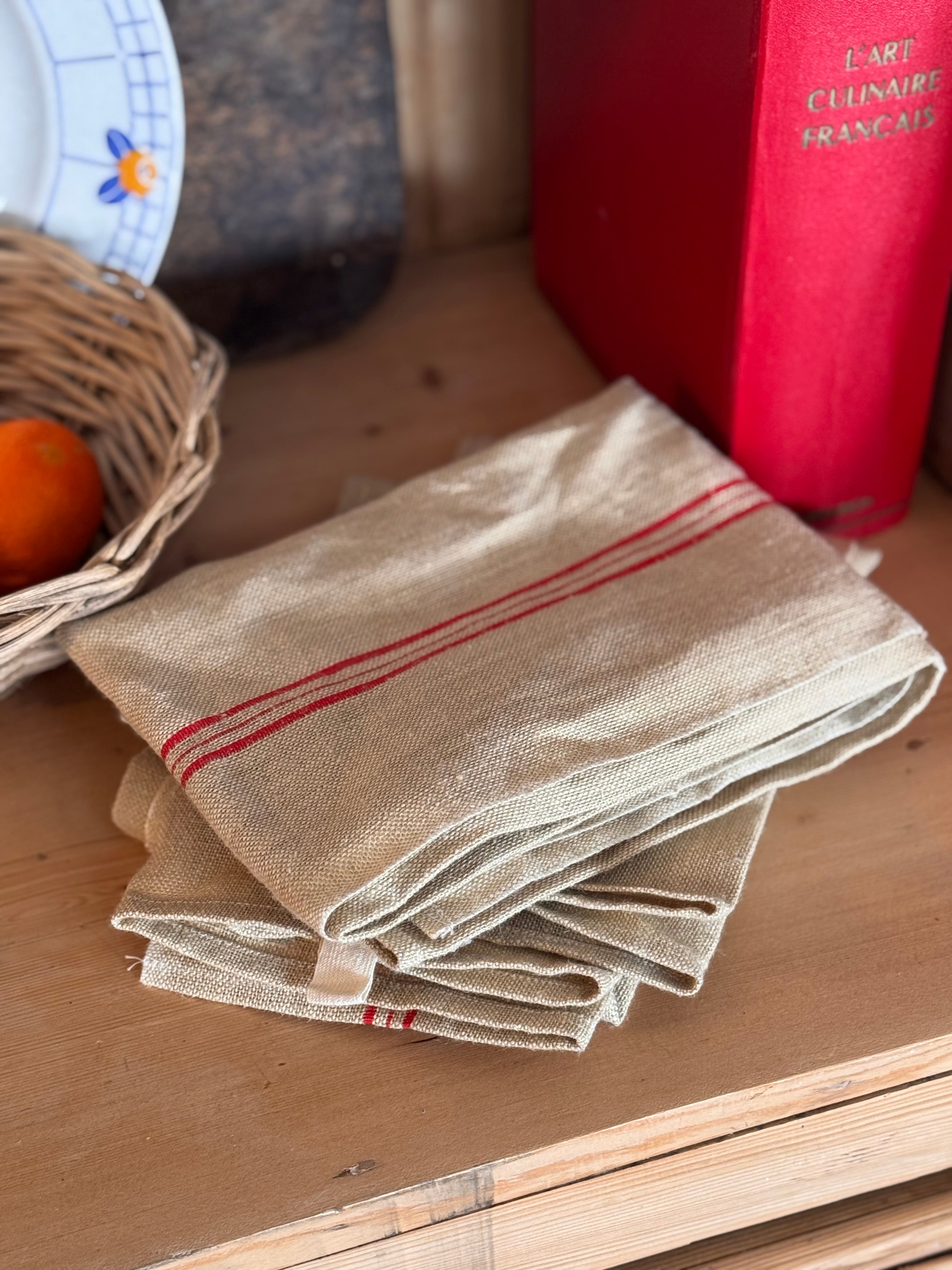 Vintage French Hemp Torchon with Red Stripes