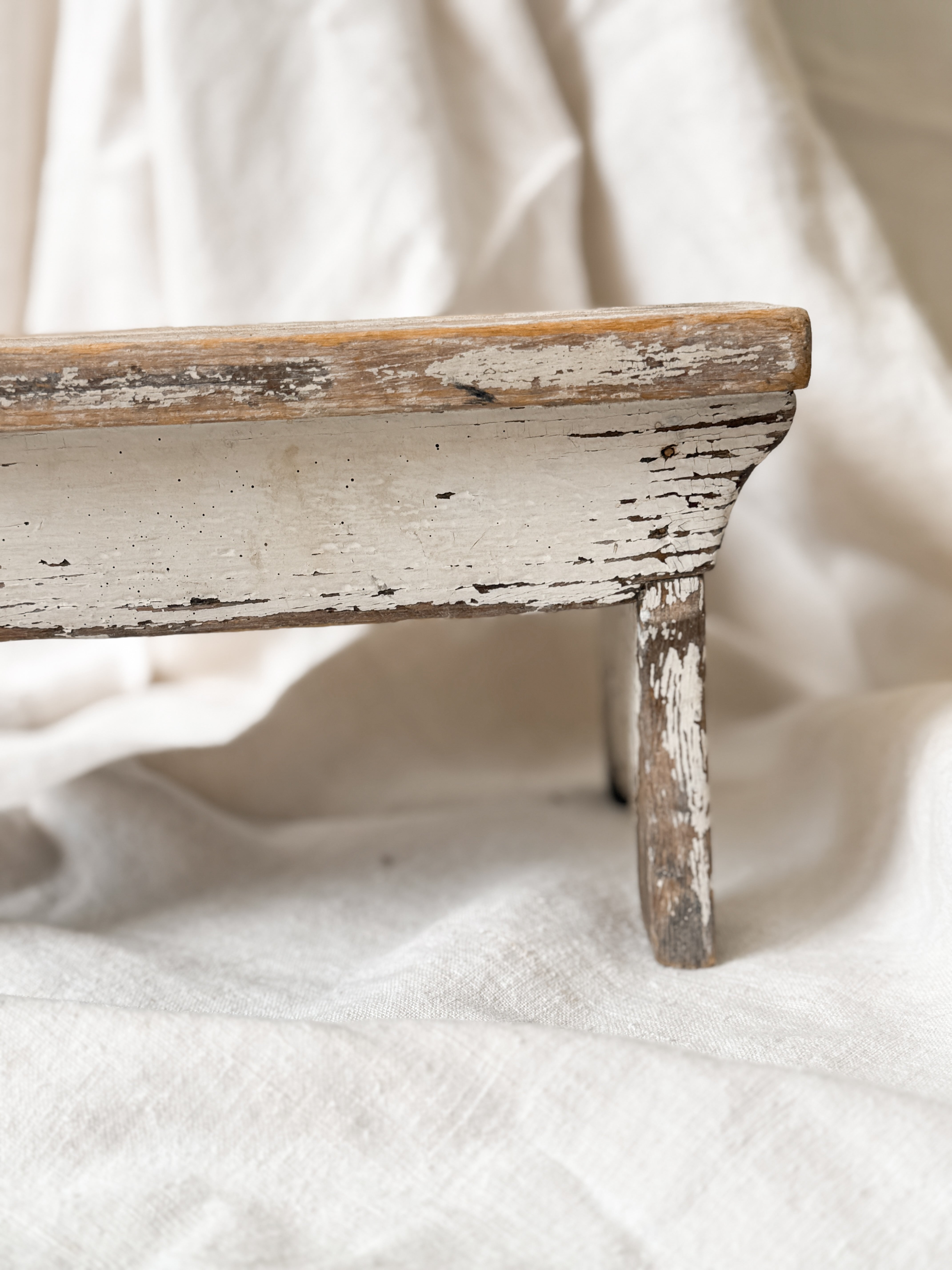 Antique Painted Wood Footstool, Bird and Urn Motif, Worn White Paint