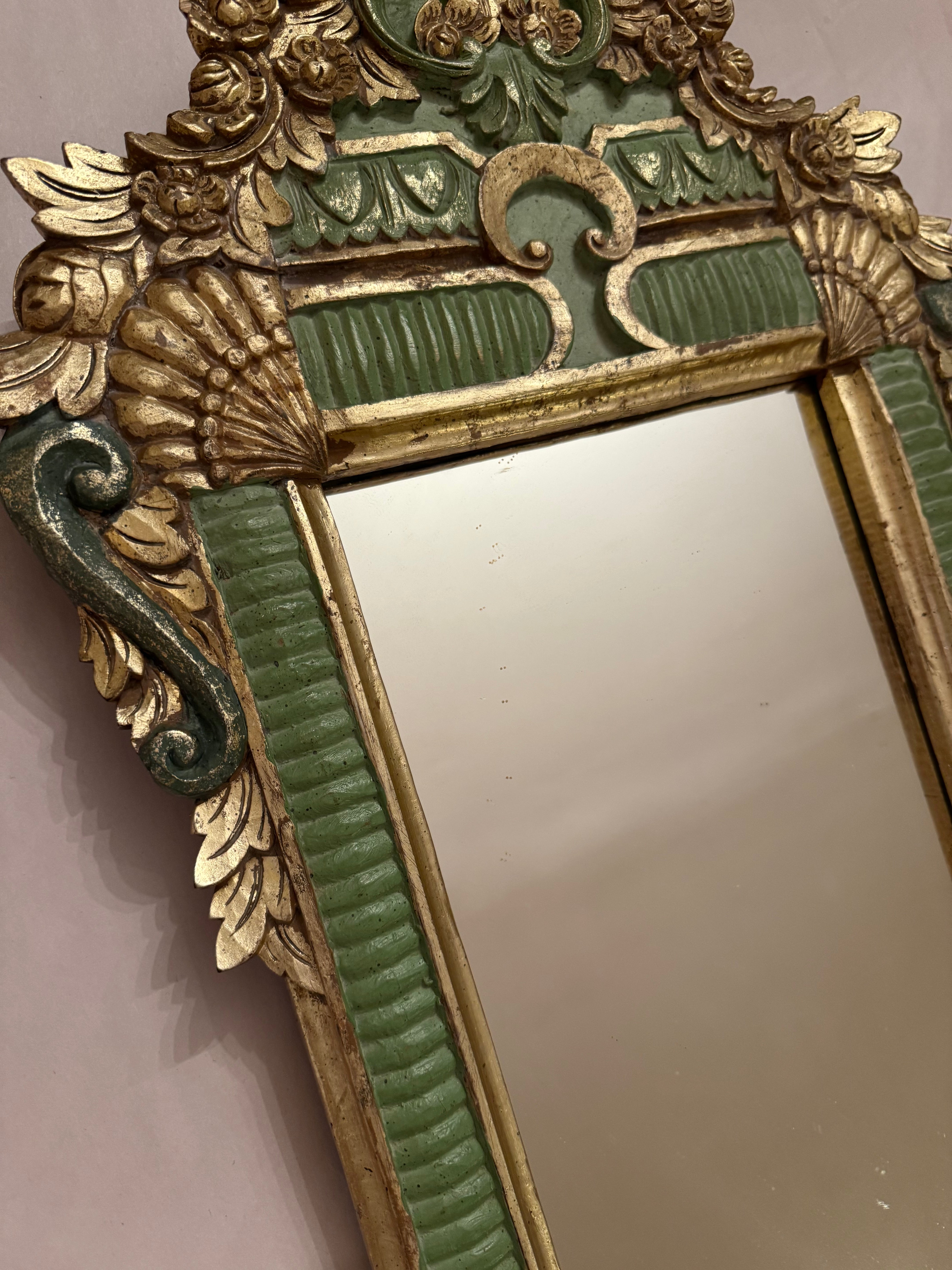 Antique Carved Green & Gilt Mirror with Floral Crest