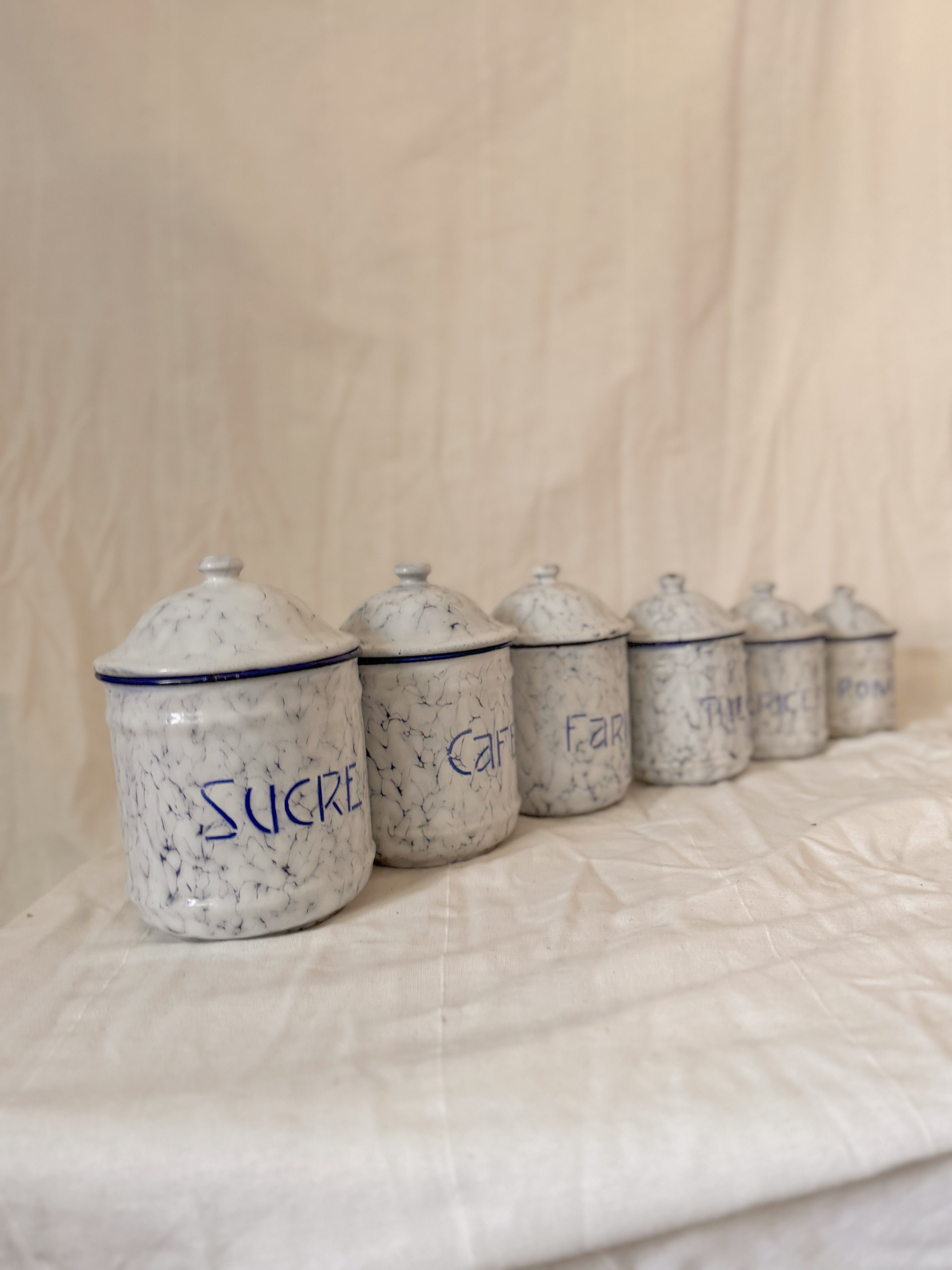 Set of French Blue & White Marbled Enamel Canisters