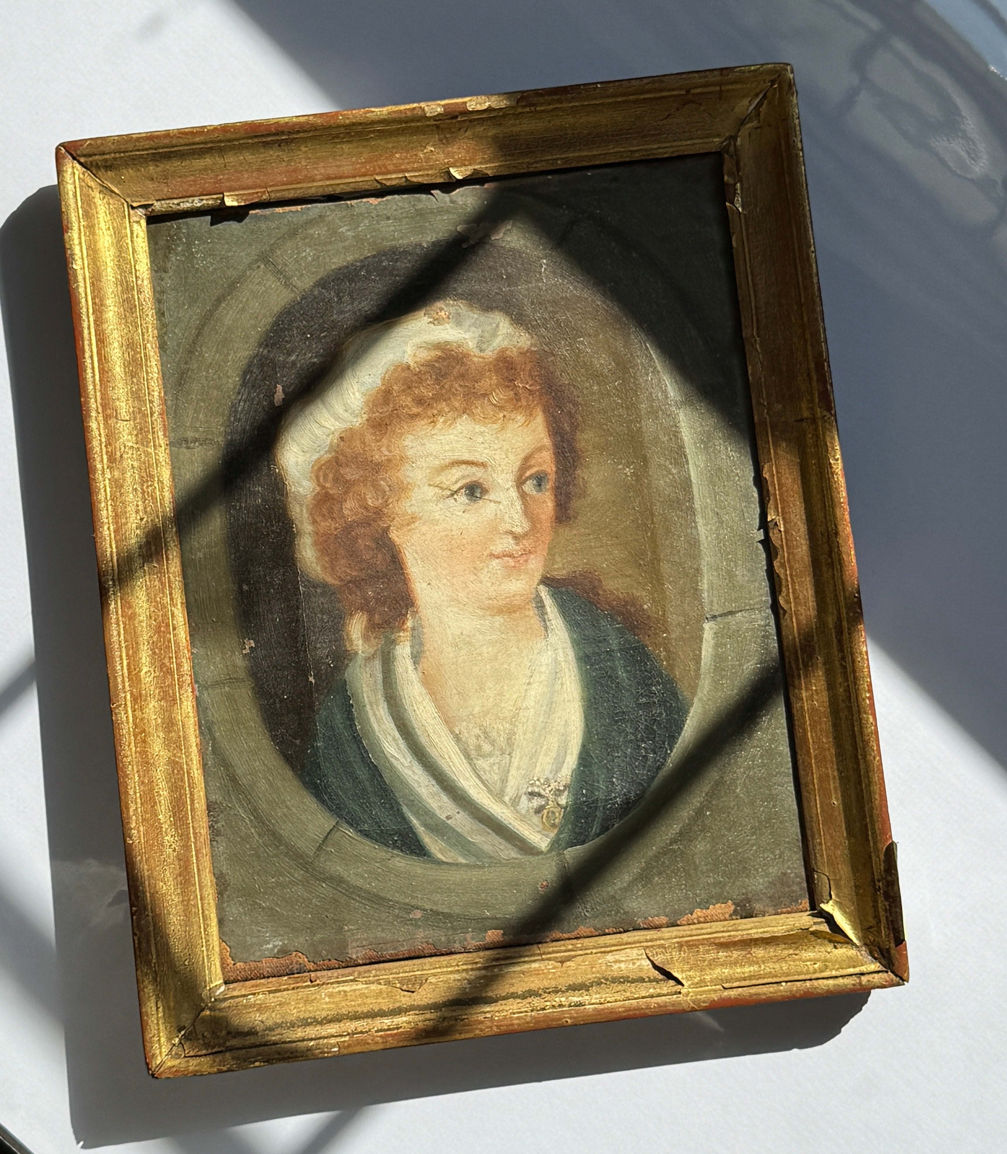 Antique French Portrait of a Young Woman in Bonnet, oil, late 18th / early 19th c.