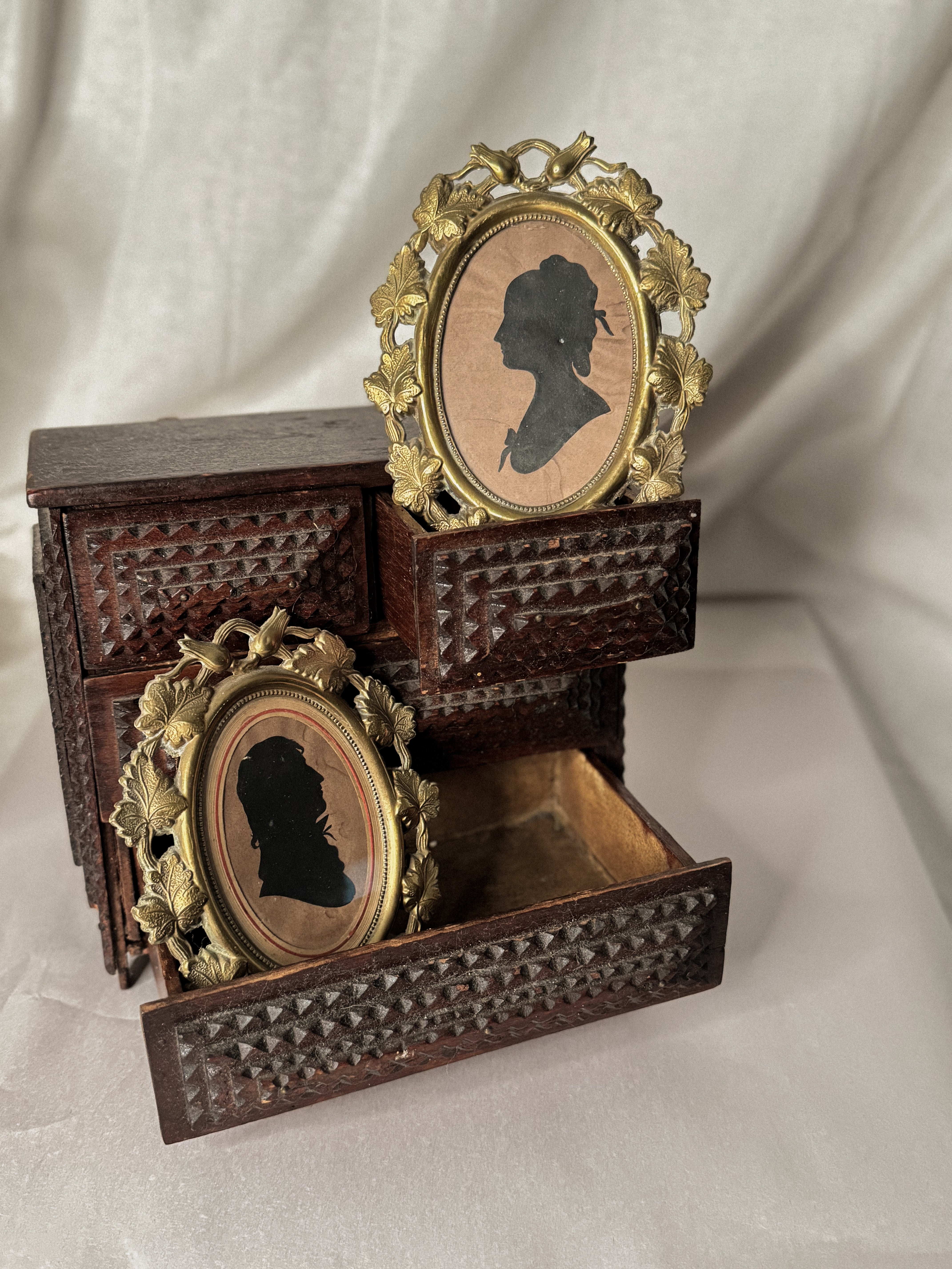 Pair of 19th-Century Silhouette Portraits in Romantic Brass Frames