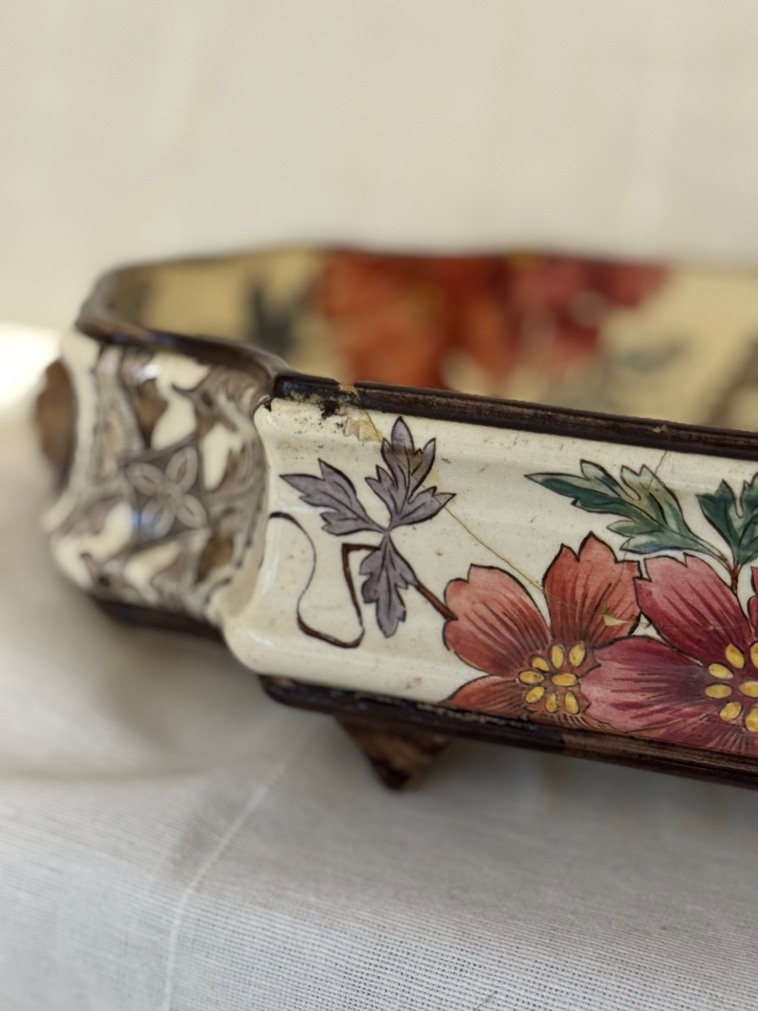 Rare Antique Gien Jardinière with Molded Ceramic Mounts