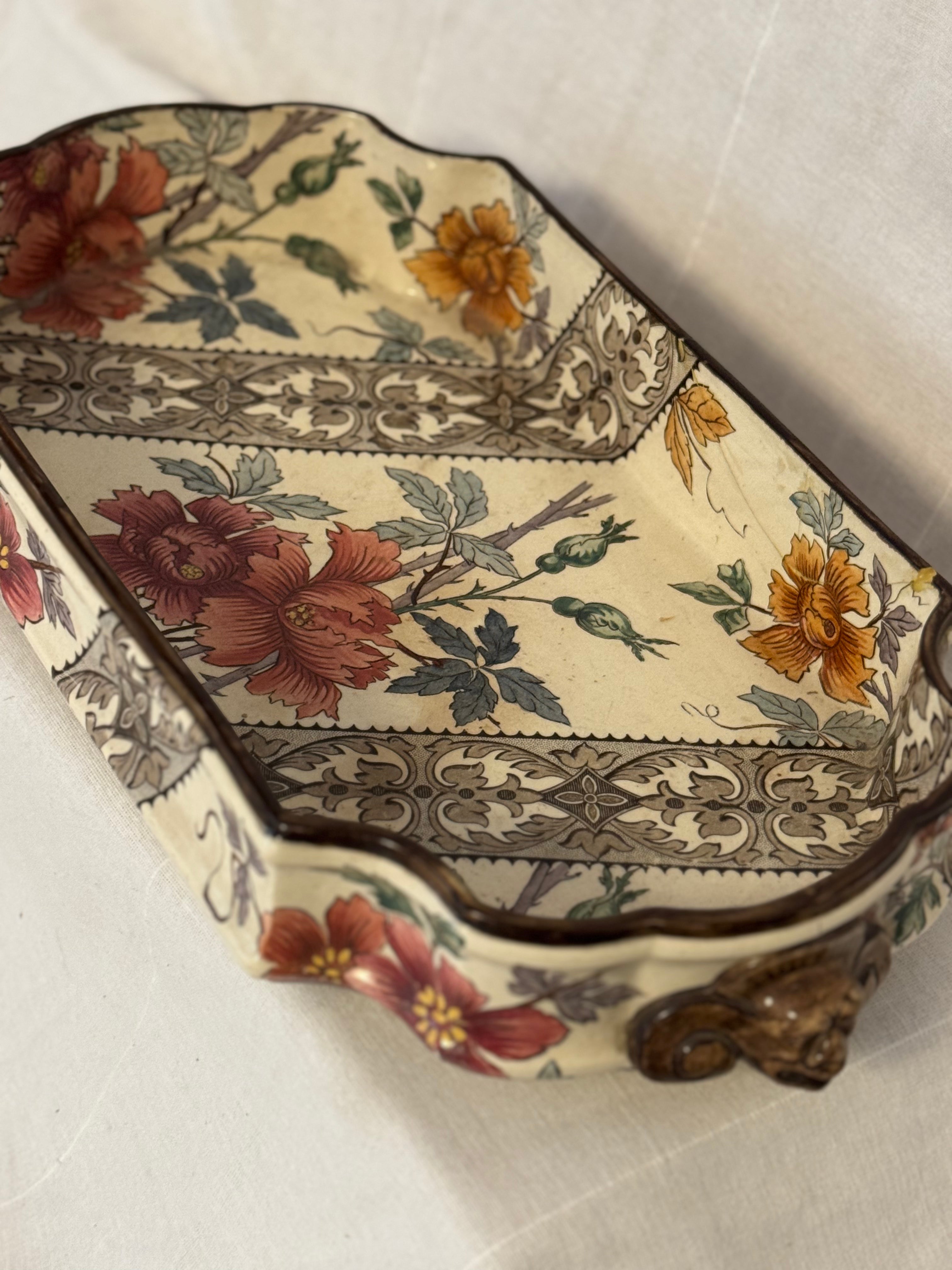 Rare Antique Gien Jardinière with Molded Ceramic Mounts
