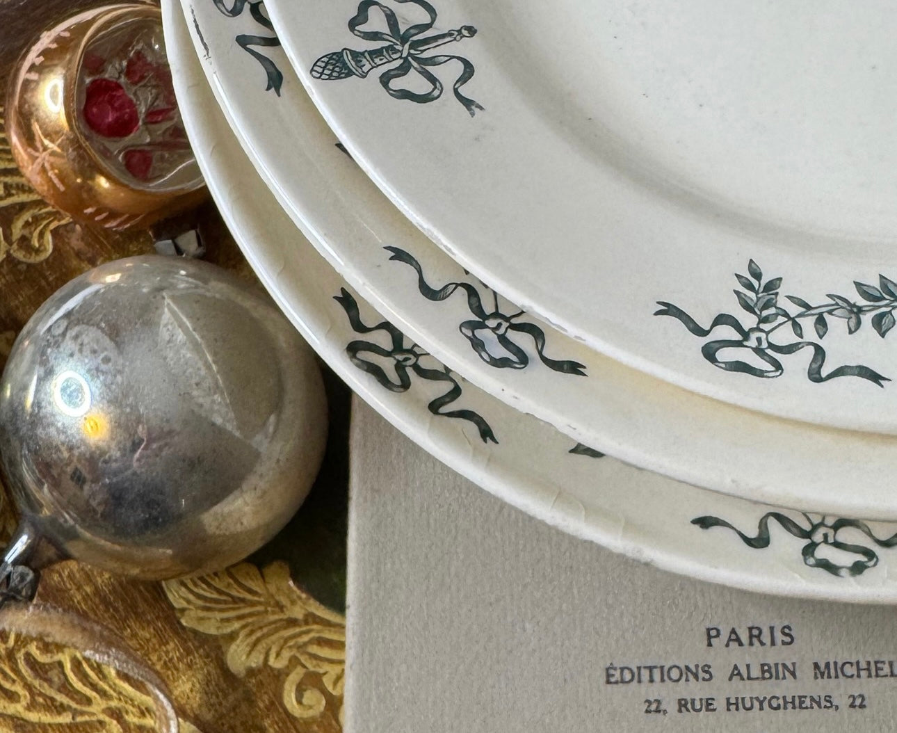 Trio Of Antique Green Transfer Ribbon Faience