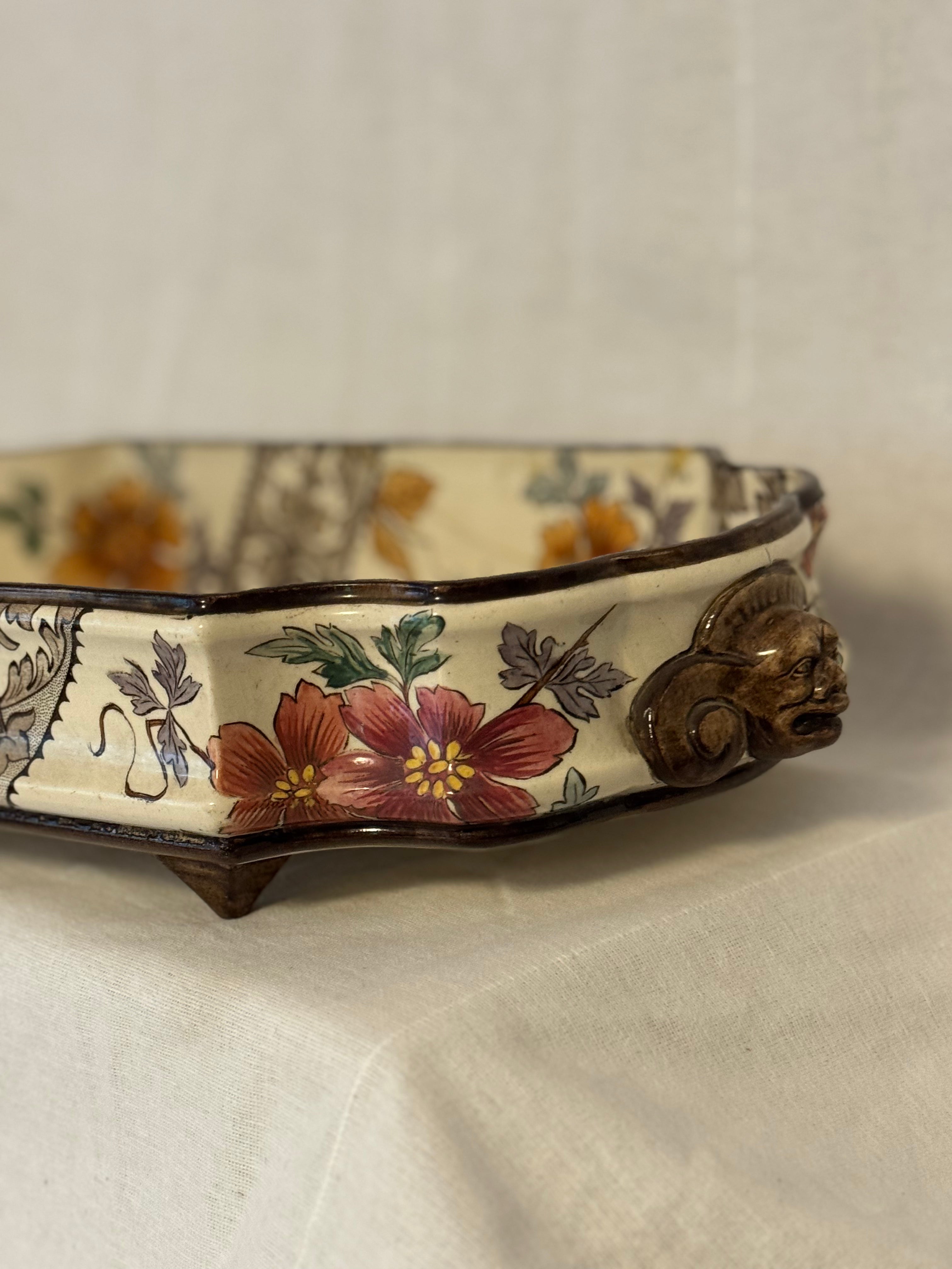 Rare Antique Gien Jardinière with Molded Ceramic Mounts