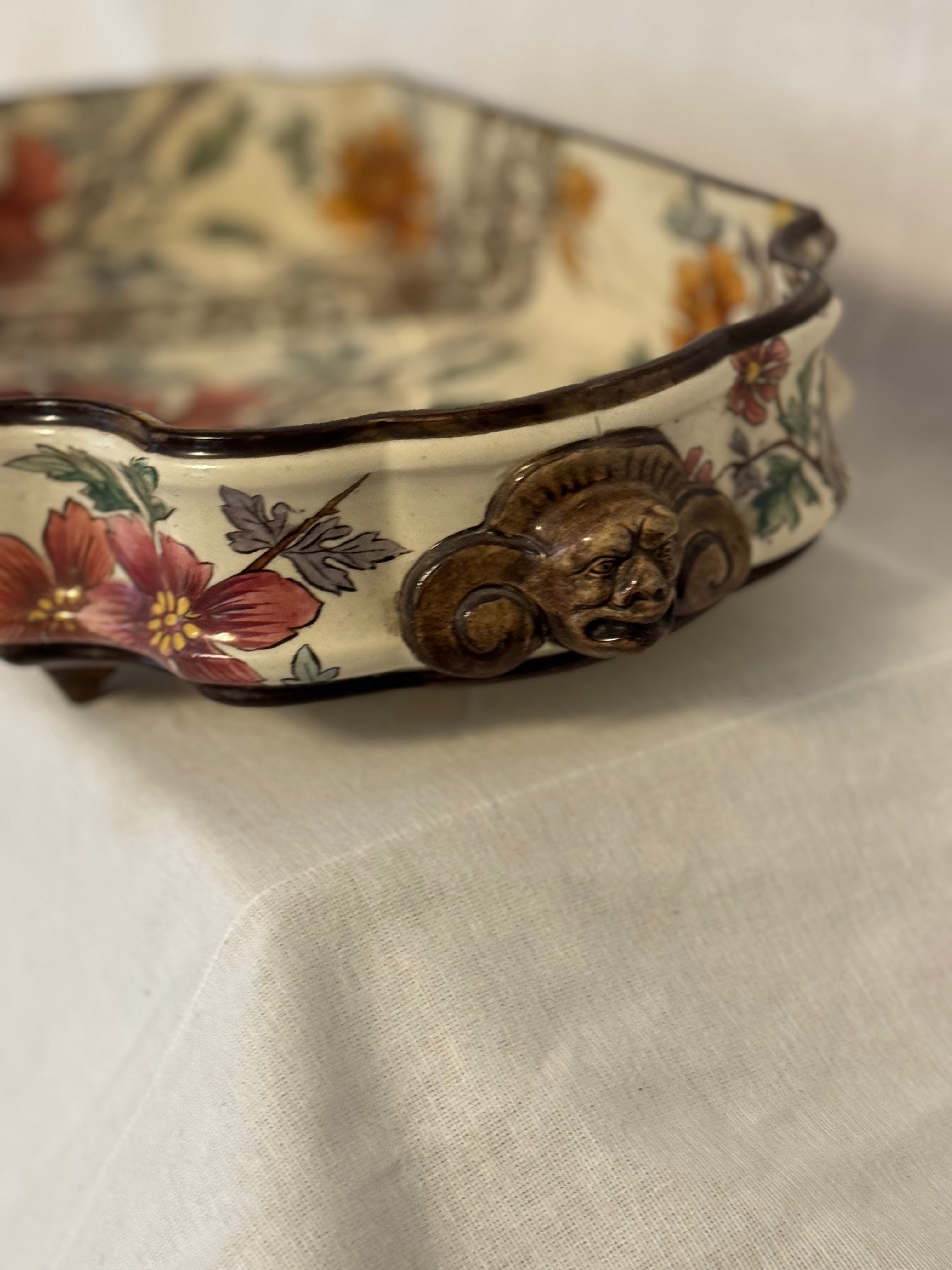 Rare Antique Gien Jardinière with Molded Ceramic Mounts