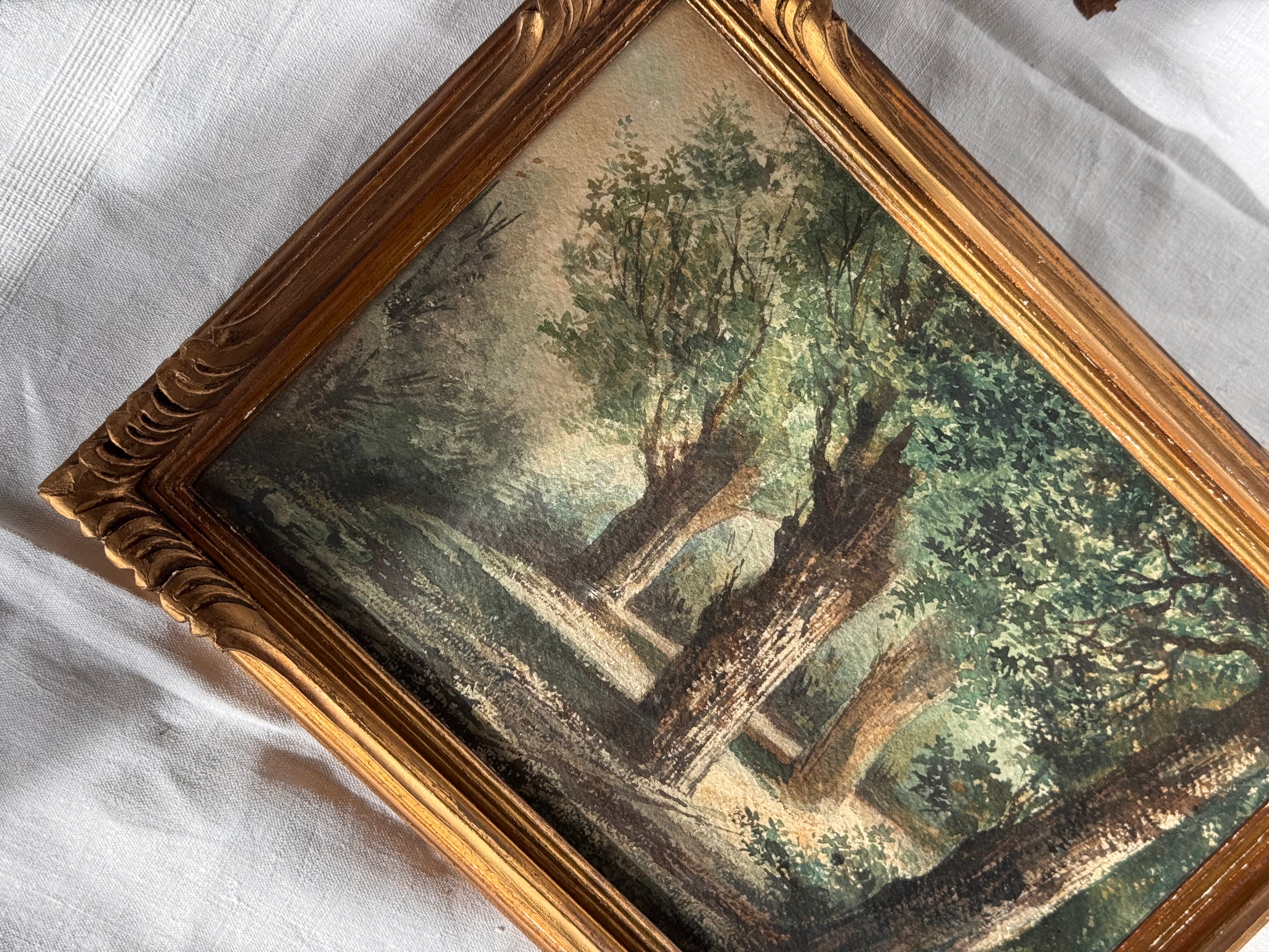 Antique framed forest path watercolor with original wavy glass