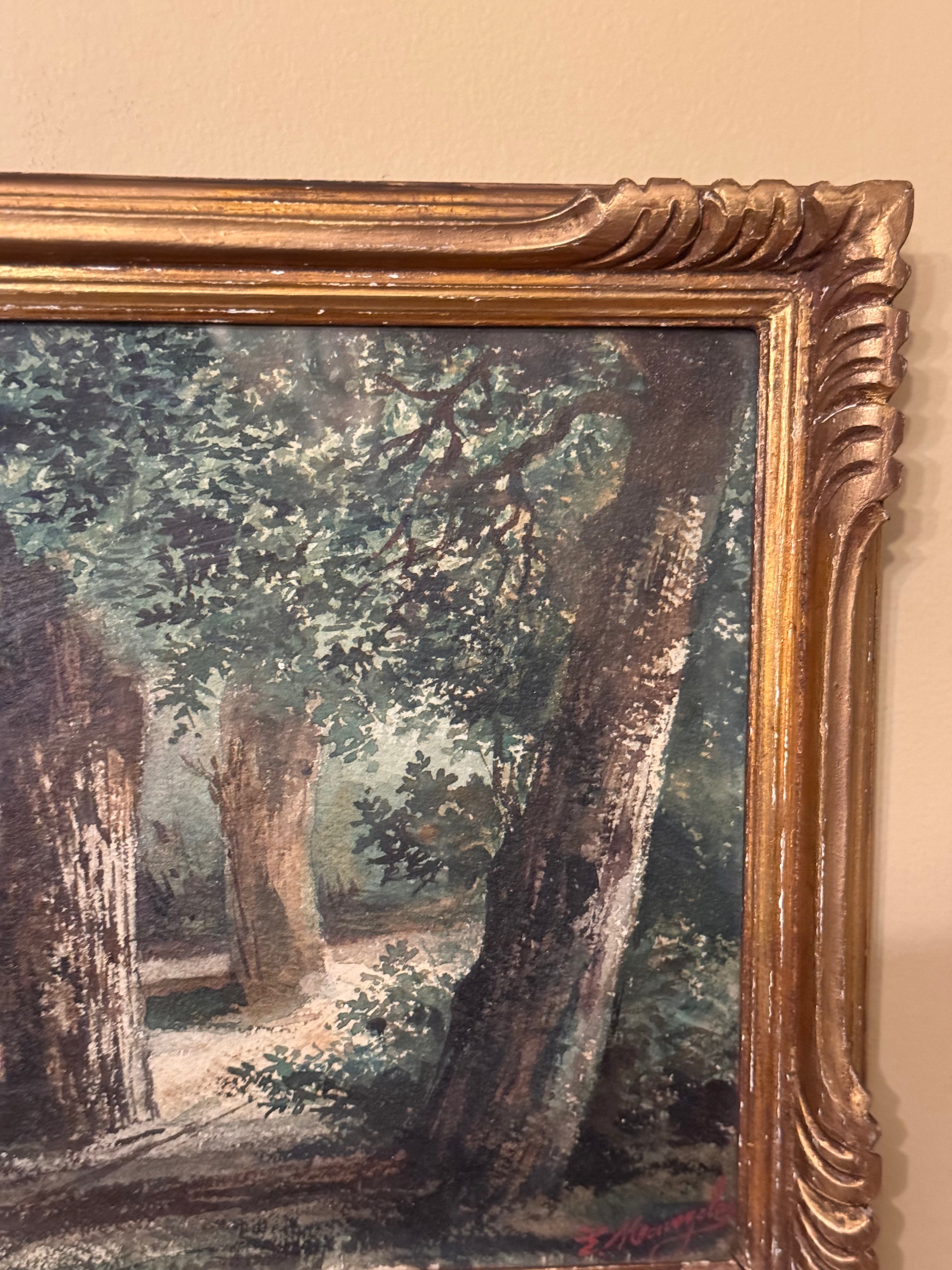Antique framed forest path watercolor with original wavy glass