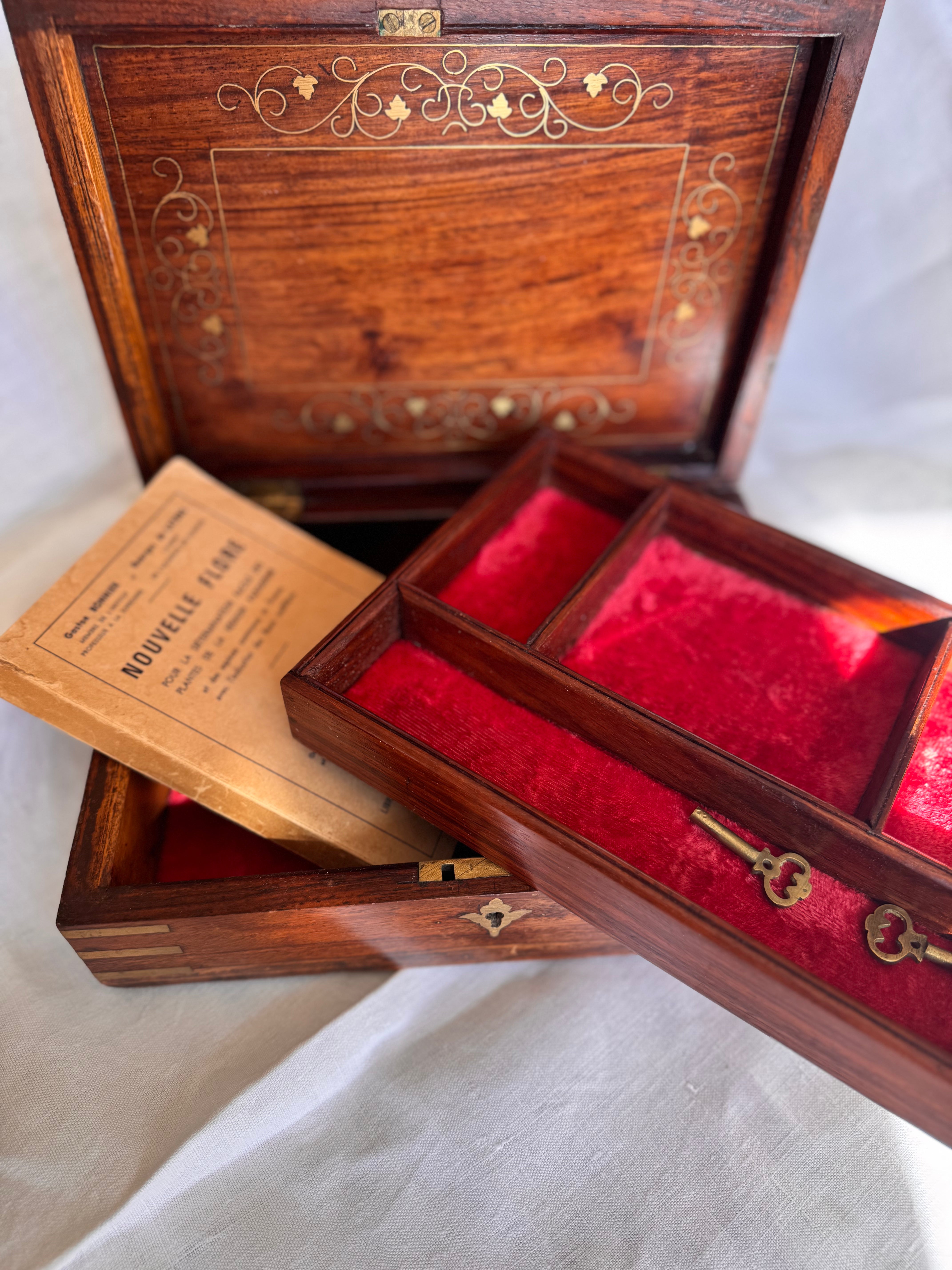 19th-Century English Campaign-Style Walnut Jewelry Box with Brass & Copper Inlay