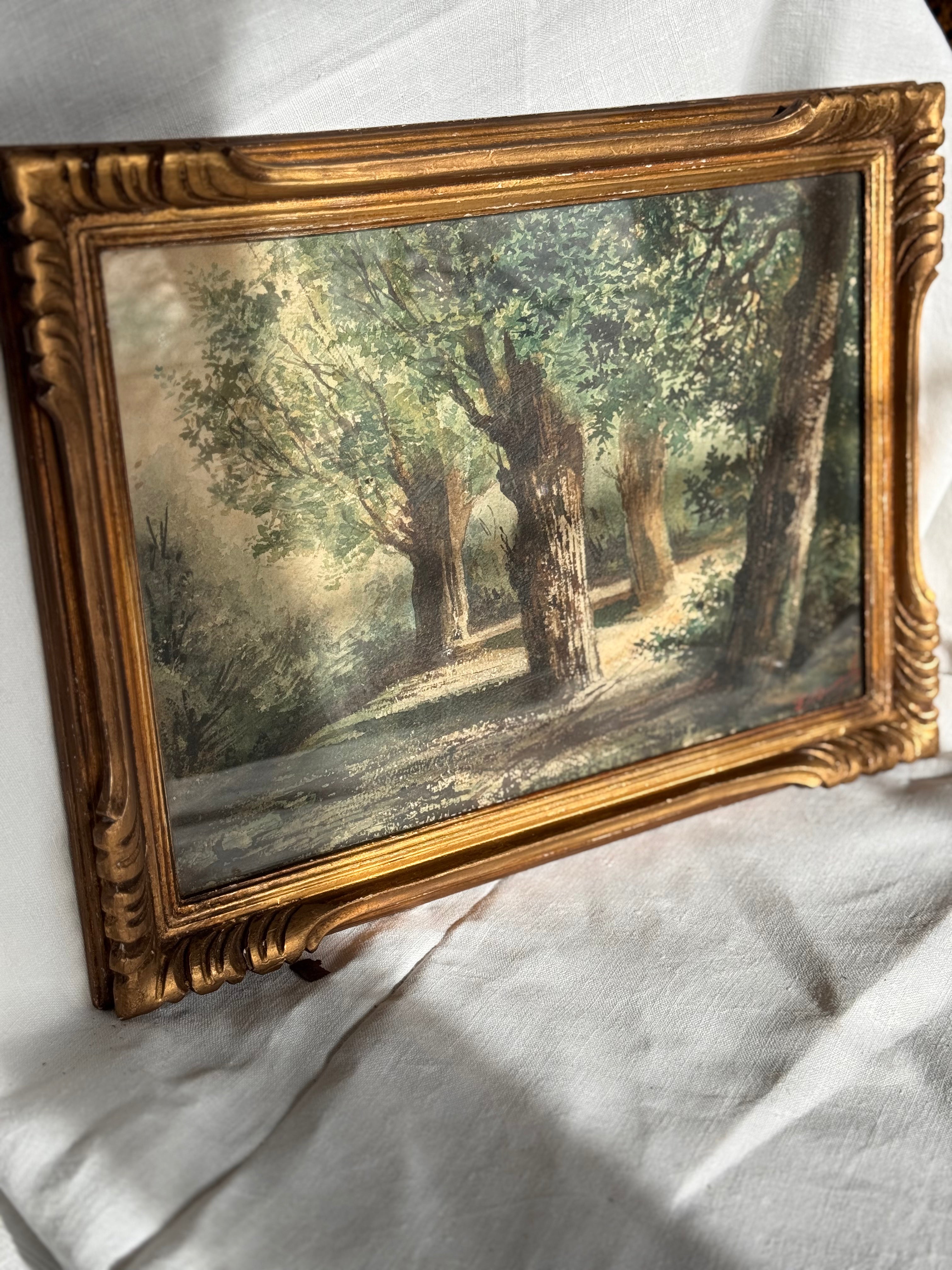 Antique framed forest path watercolor with original wavy glass