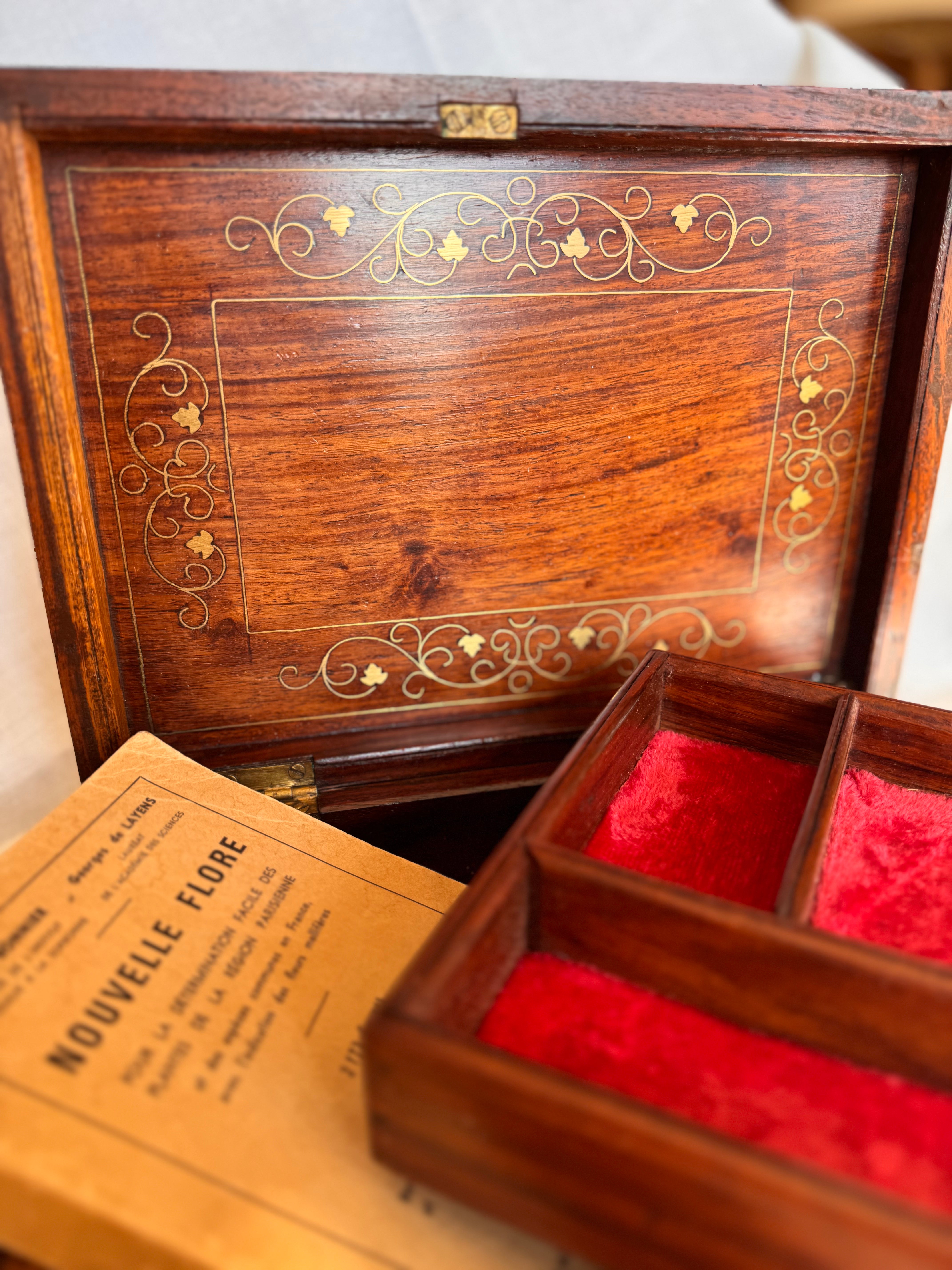 19th-Century English Campaign-Style Walnut Jewelry Box with Brass & Copper Inlay