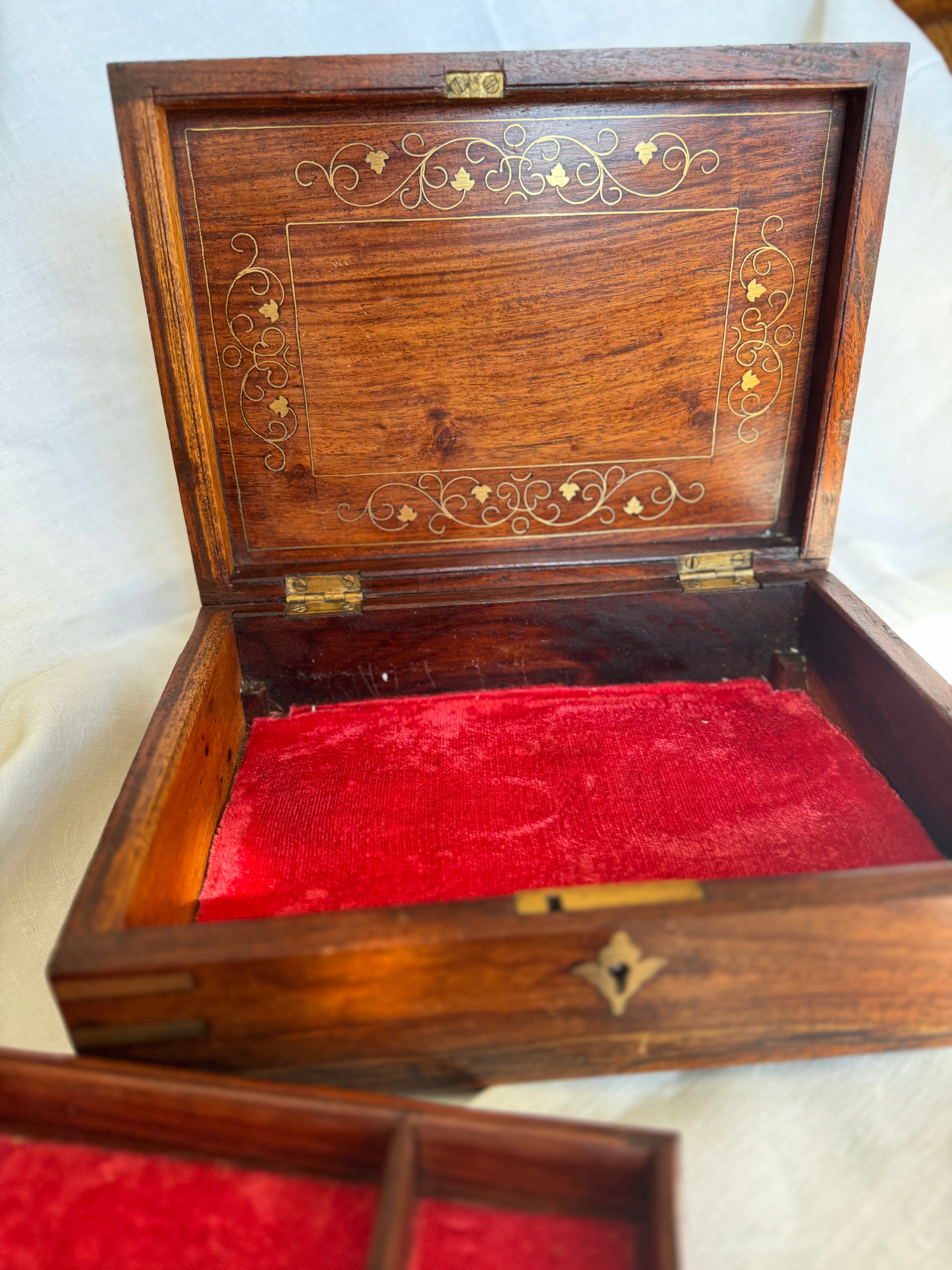 19th-Century English Campaign-Style Walnut Jewelry Box with Brass & Copper Inlay