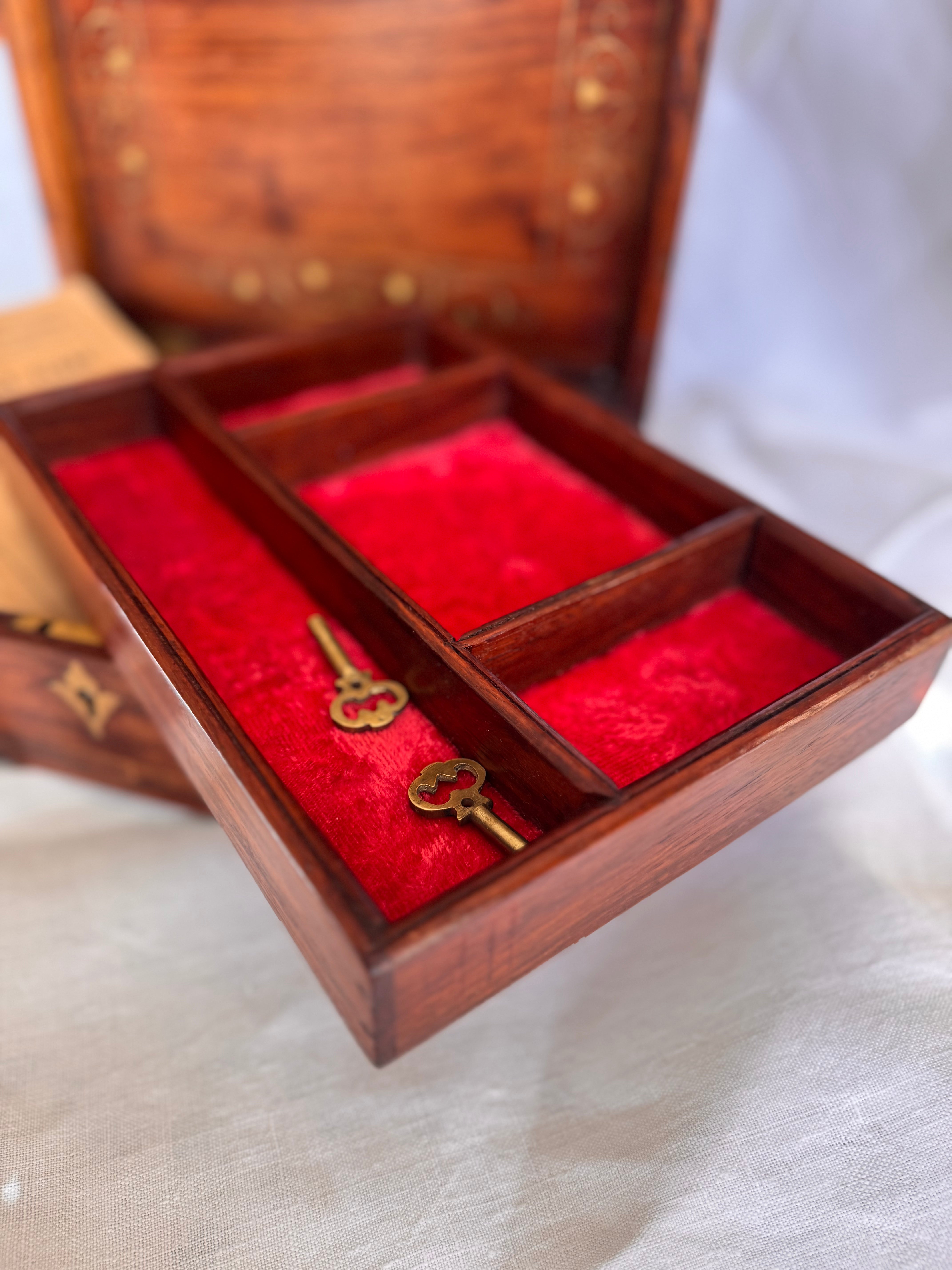 19th-Century English Campaign-Style Walnut Jewelry Box with Brass & Copper Inlay