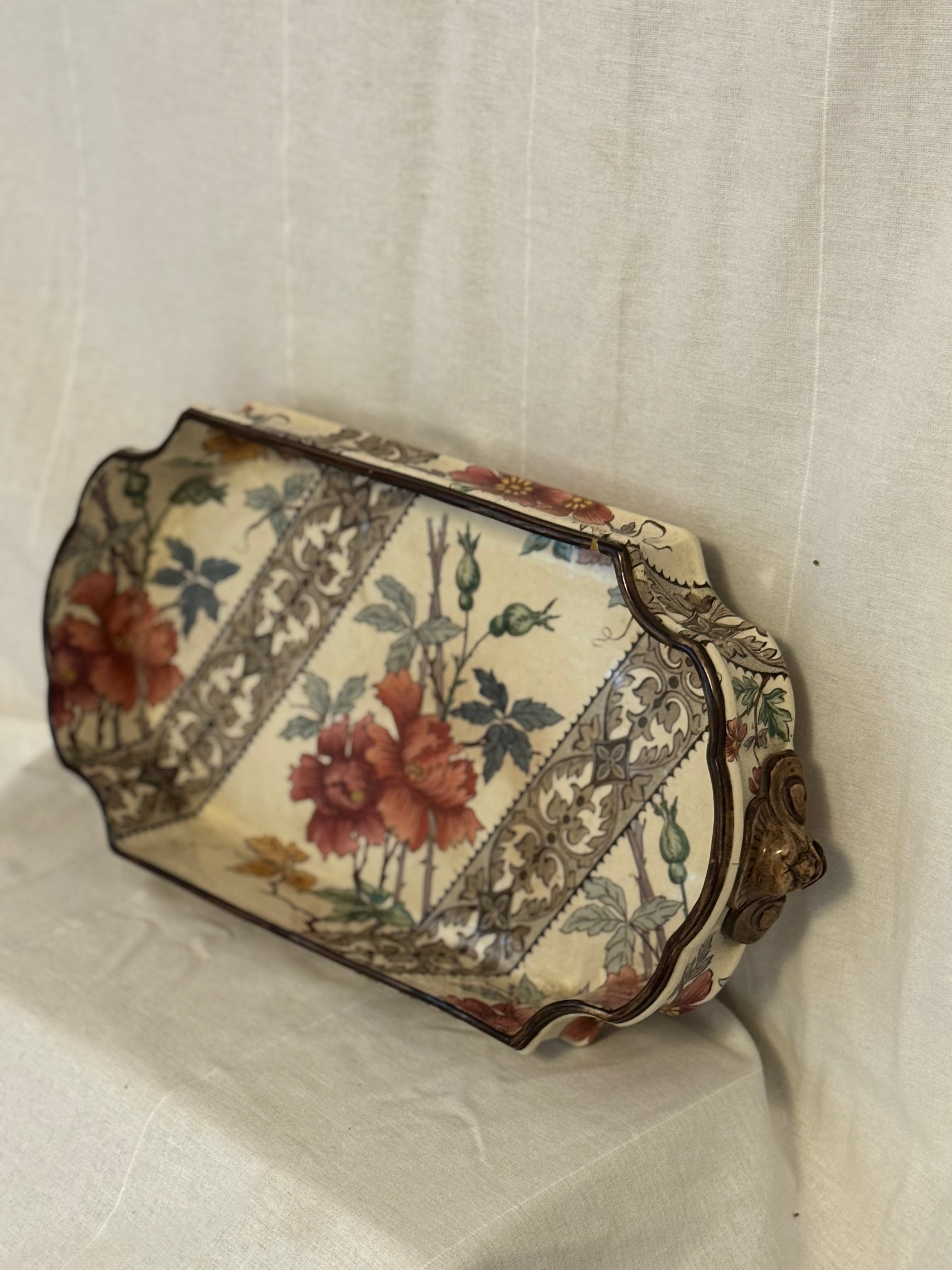 Rare Antique Gien Jardinière with Molded Ceramic Mounts