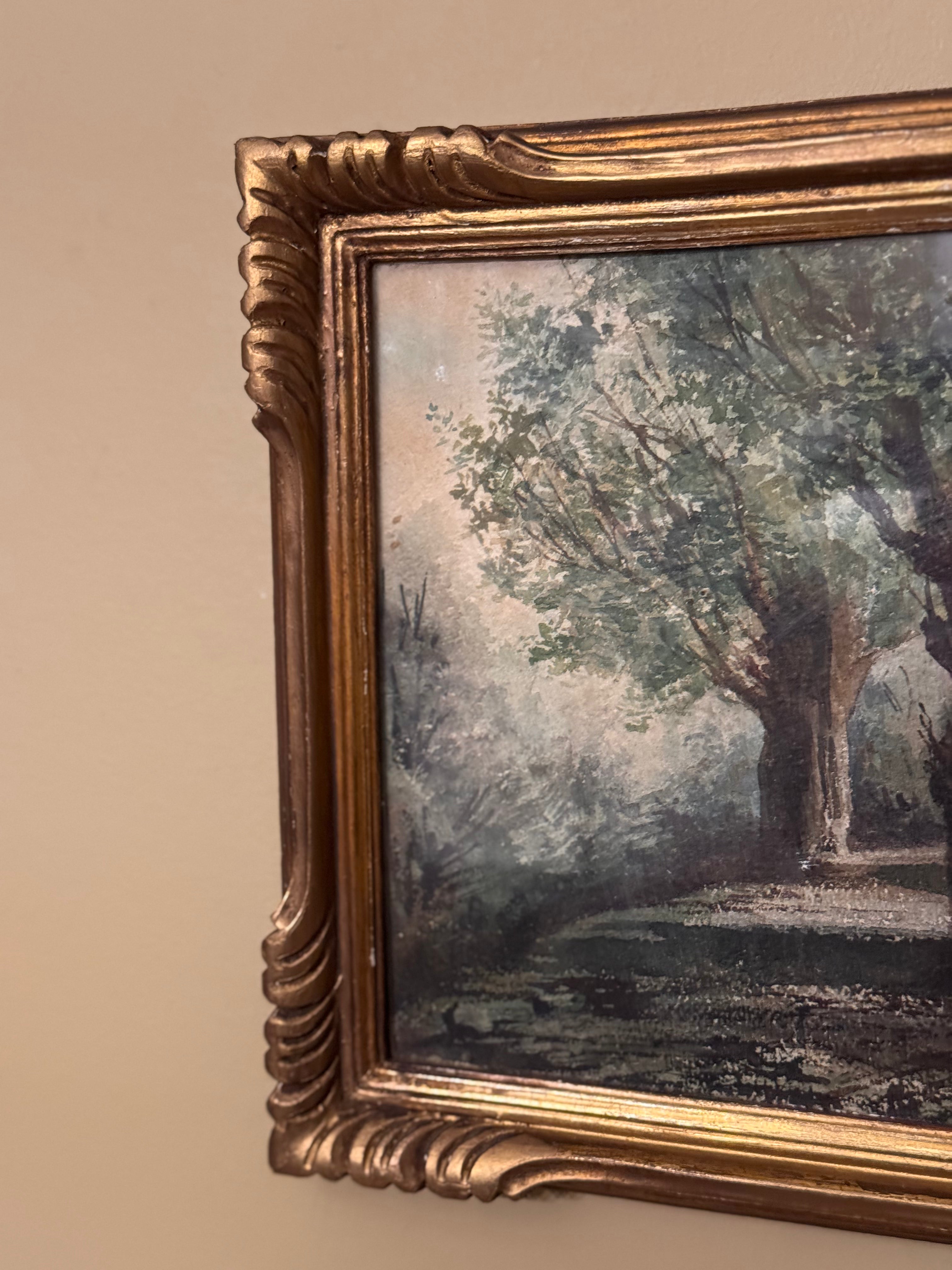 Antique framed forest path watercolor with original wavy glass