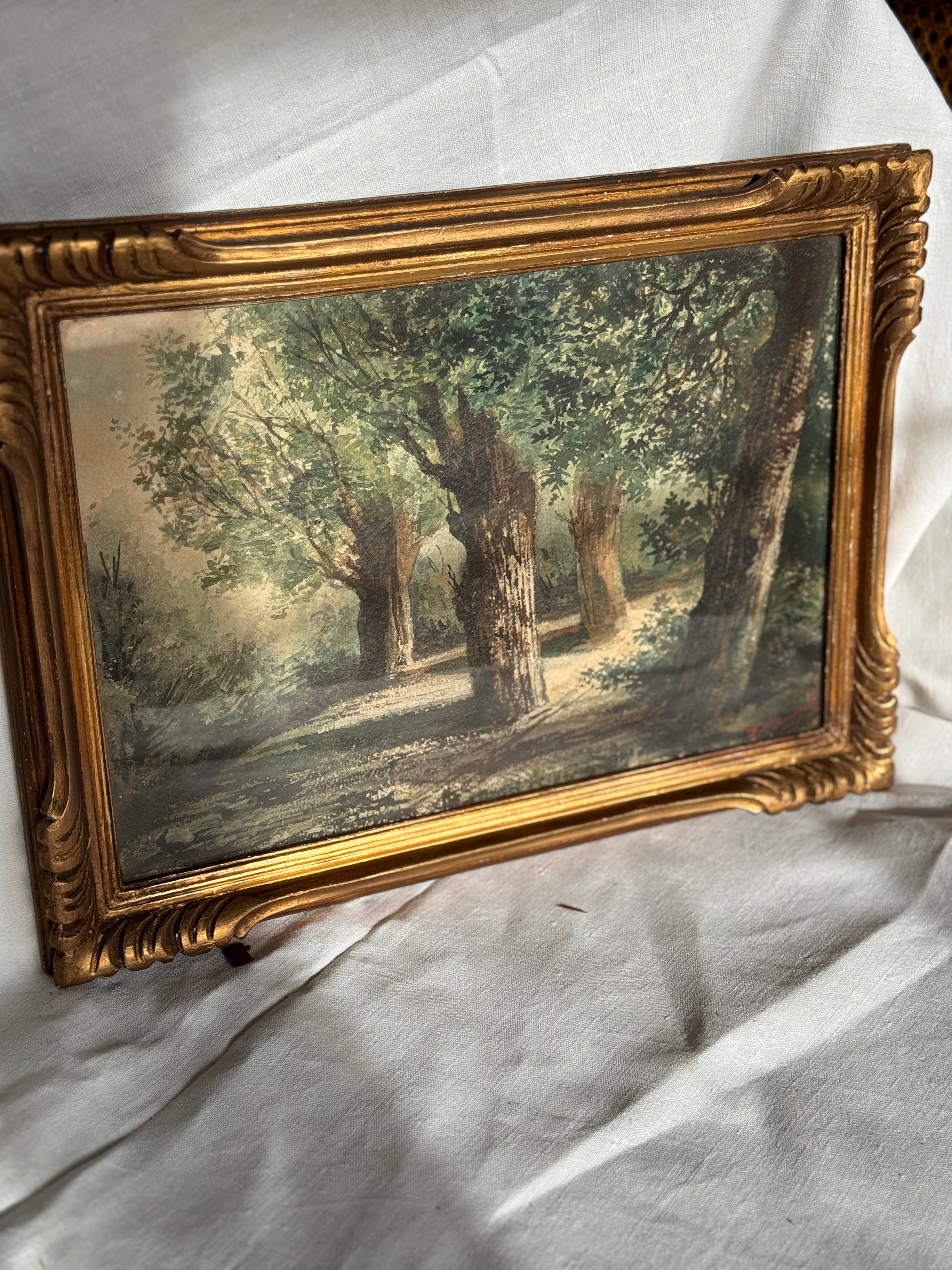 Antique framed forest path watercolor with original wavy glass
