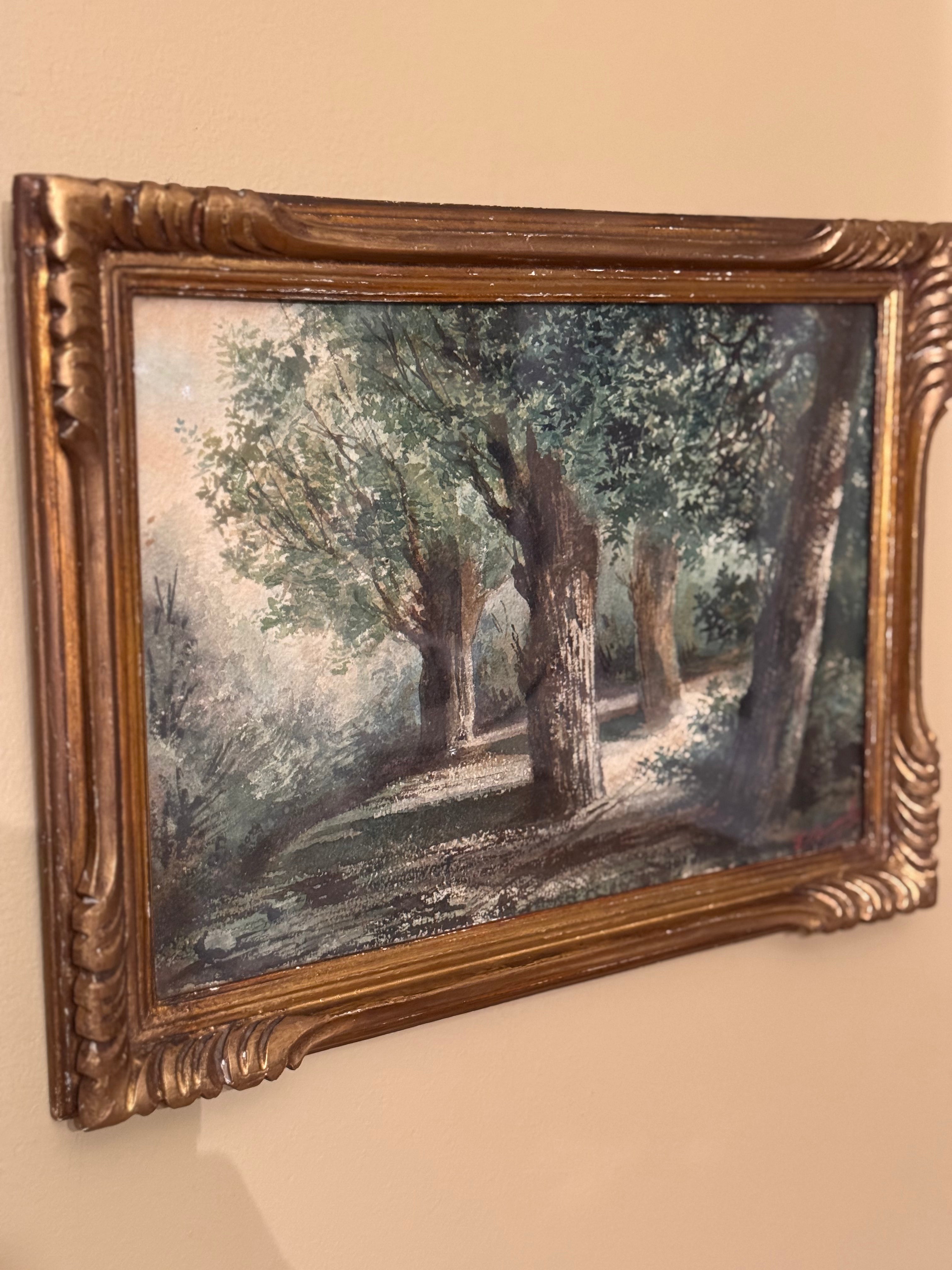 Antique framed forest path watercolor with original wavy glass