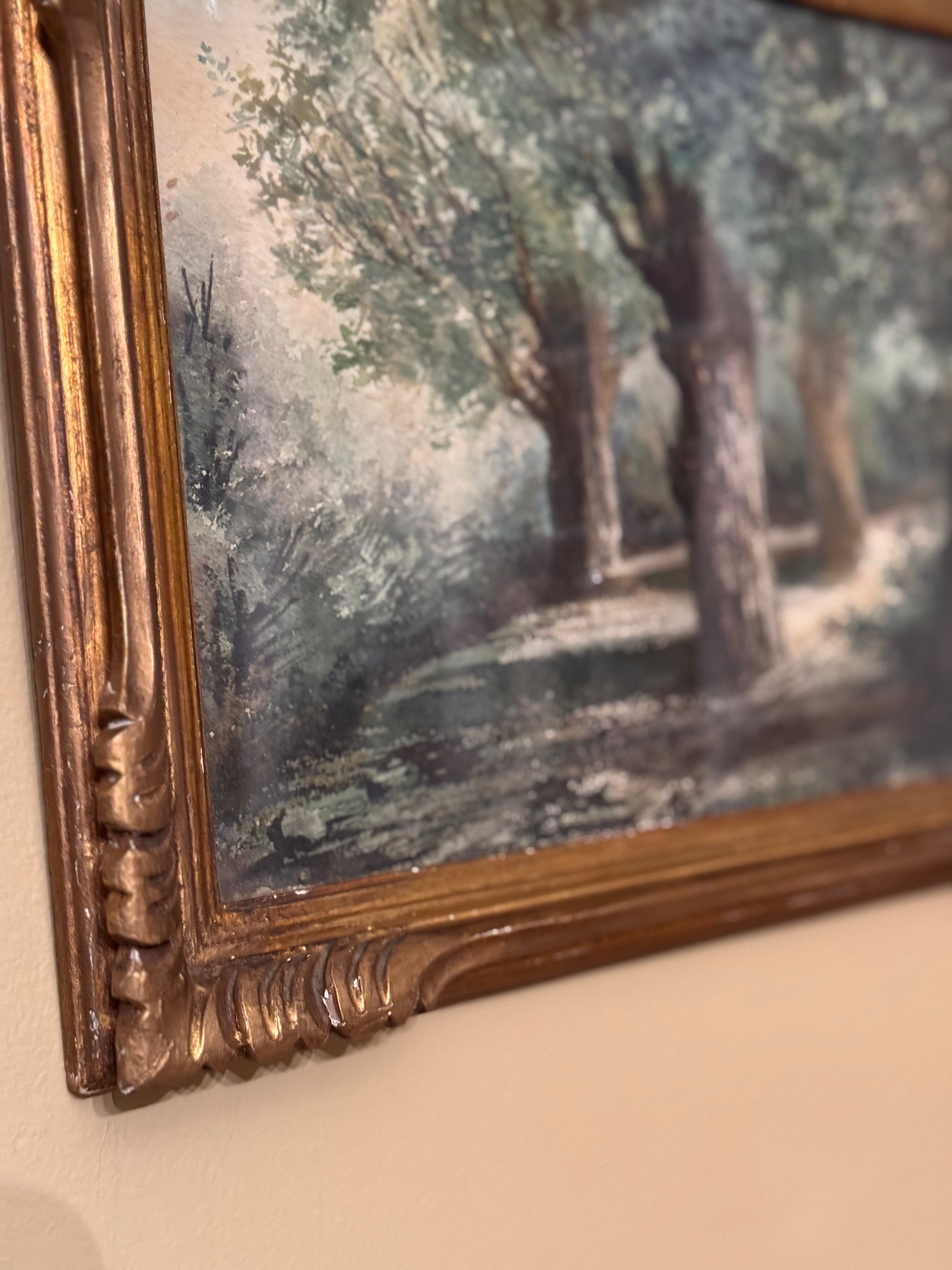 Antique framed forest path watercolor with original wavy glass