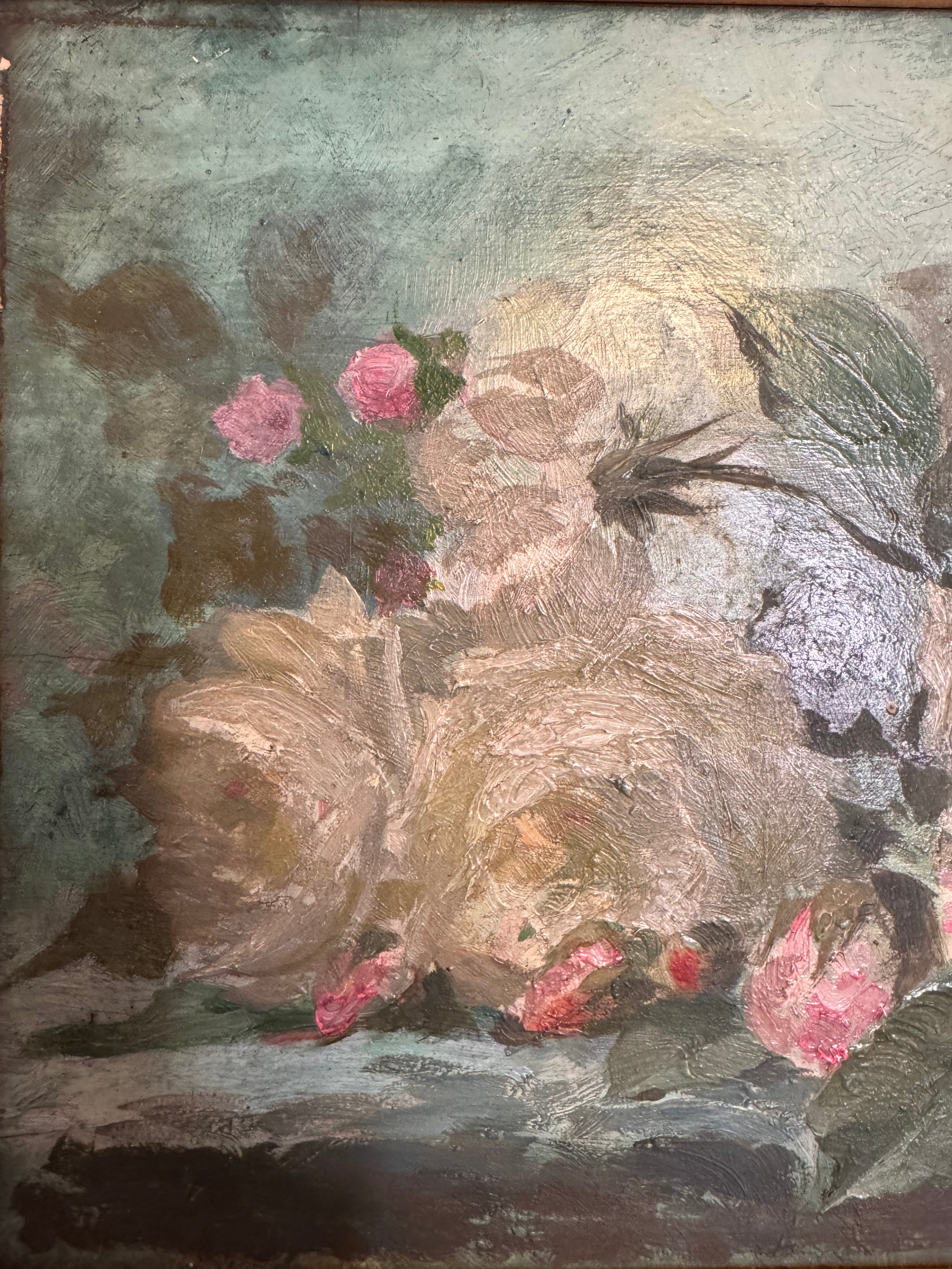 Oil on Mahogany: White Roses in Antique Gilded Frame