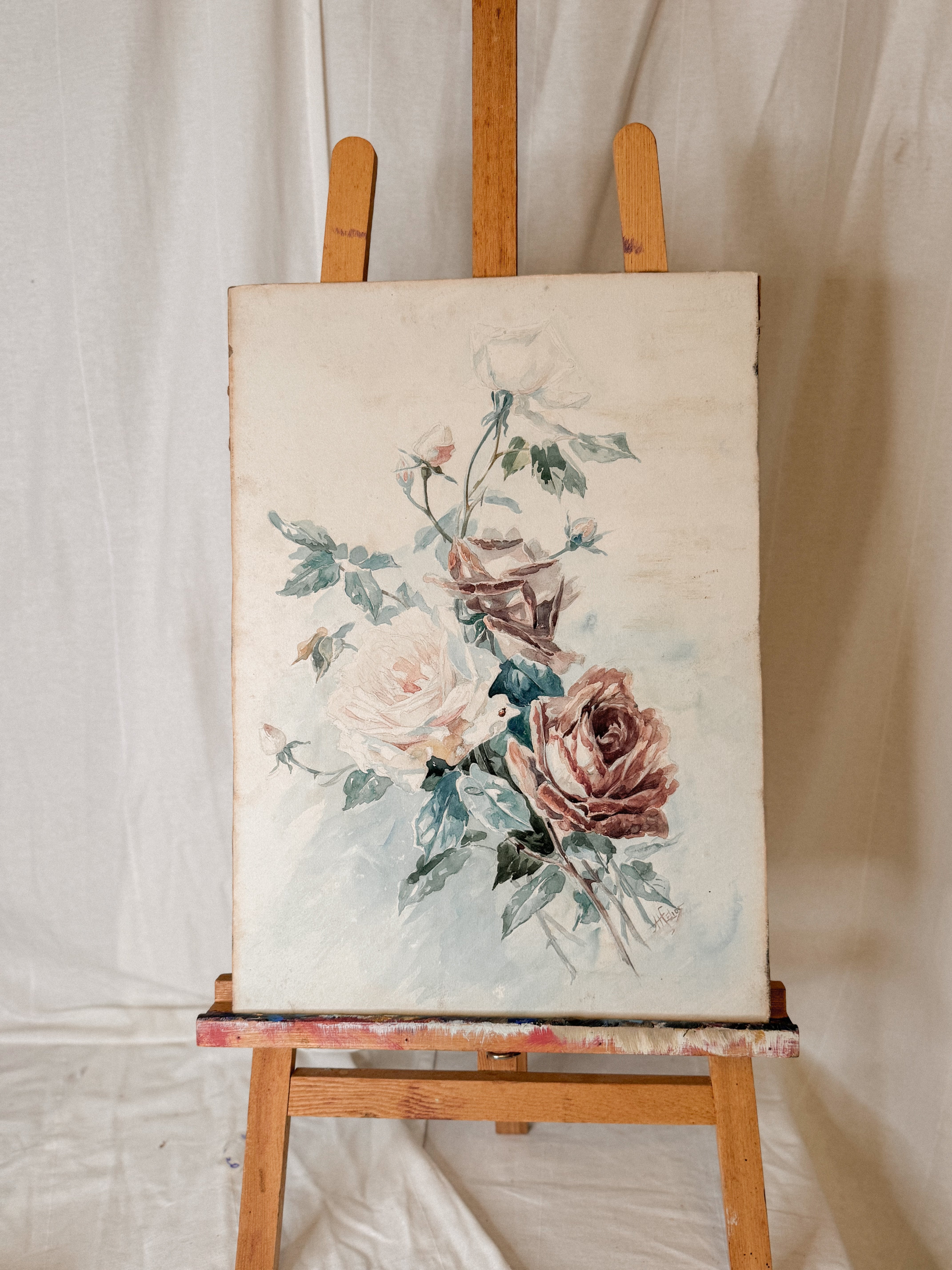 Aquarelle de Roses – Antique and Signed (c. 1890–1920)