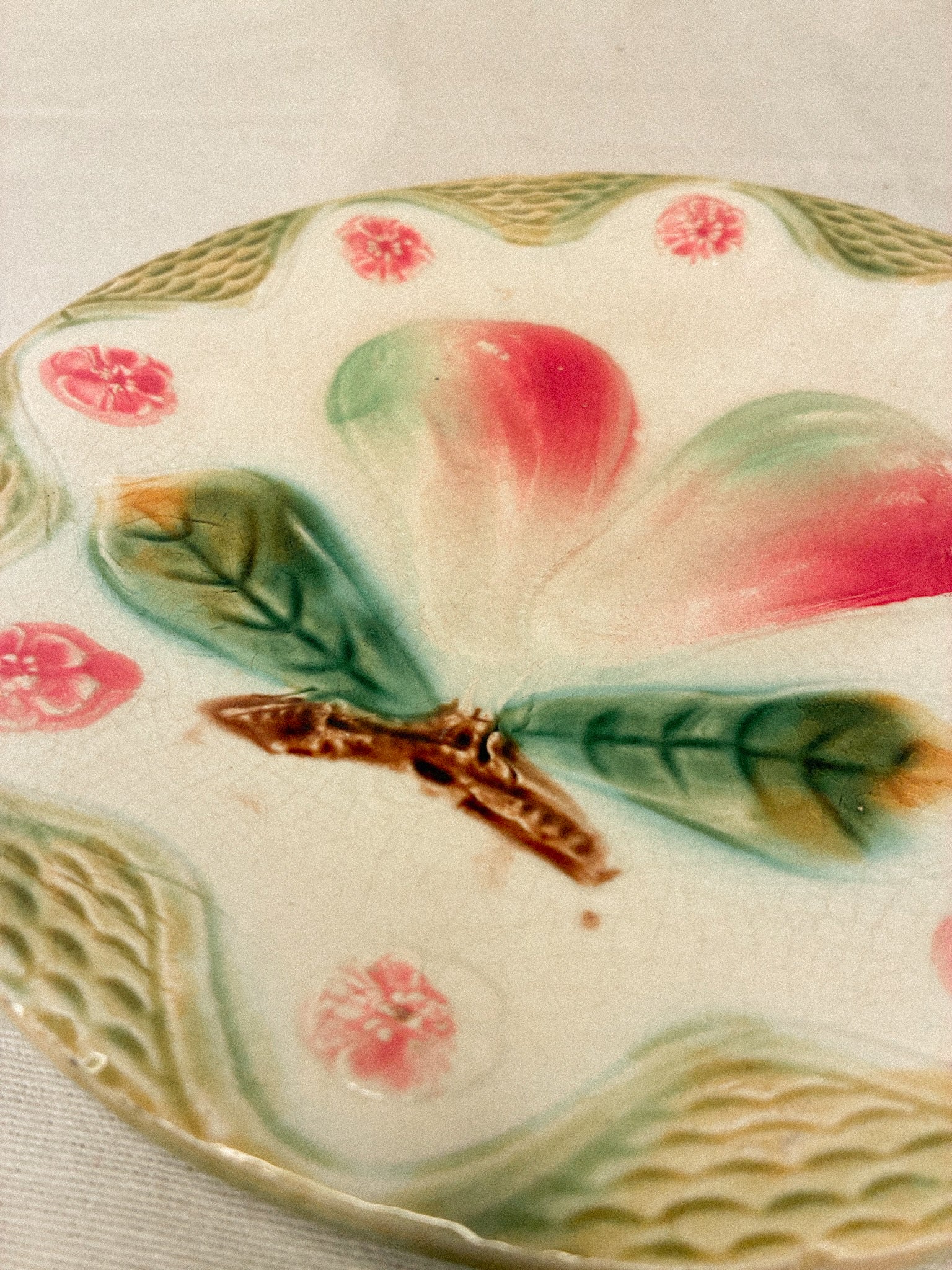 Antique Orchies Majolica Plate with Pears & Blossoms