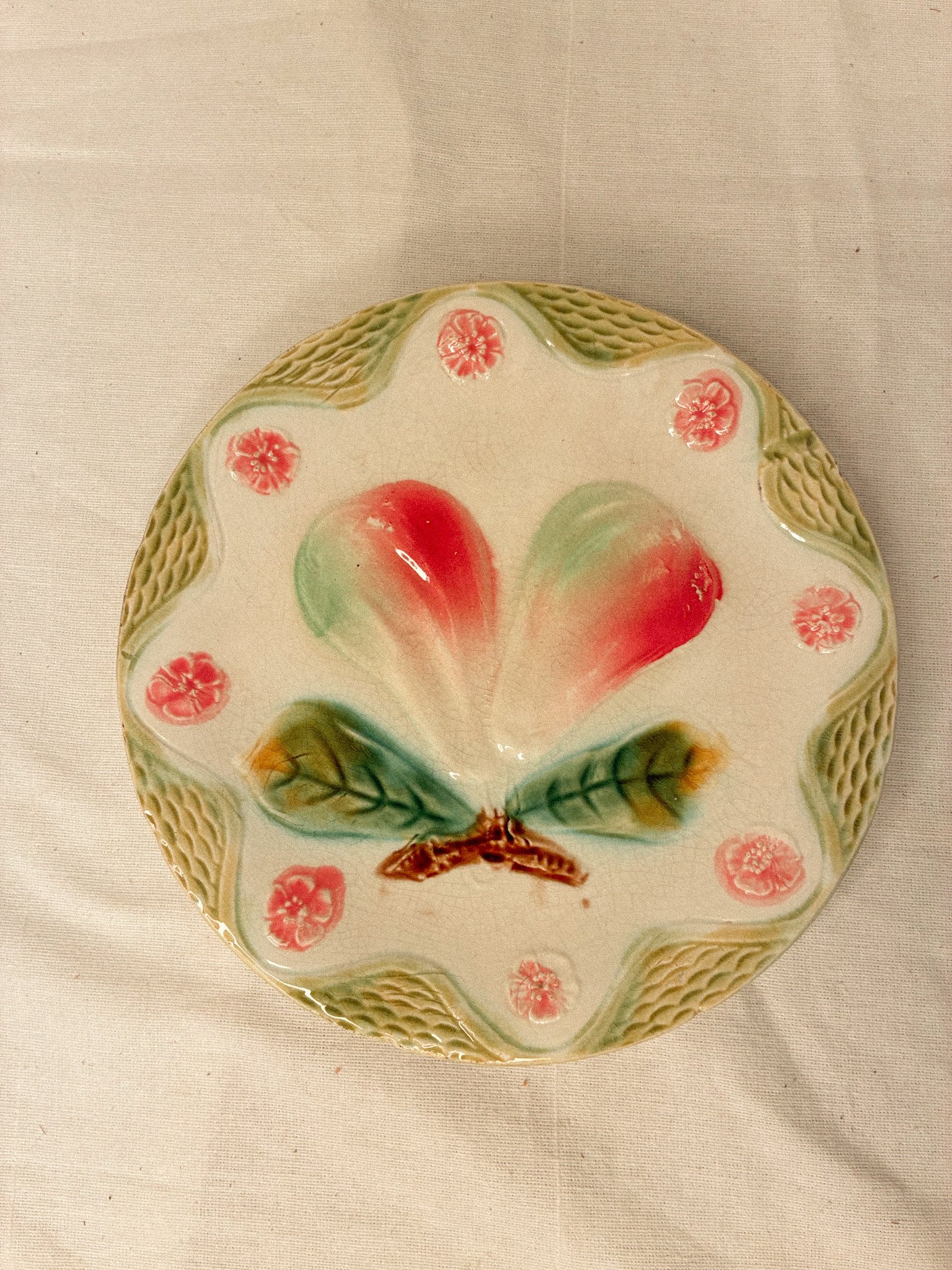 Antique Orchies Majolica Plate with Pears & Blossoms