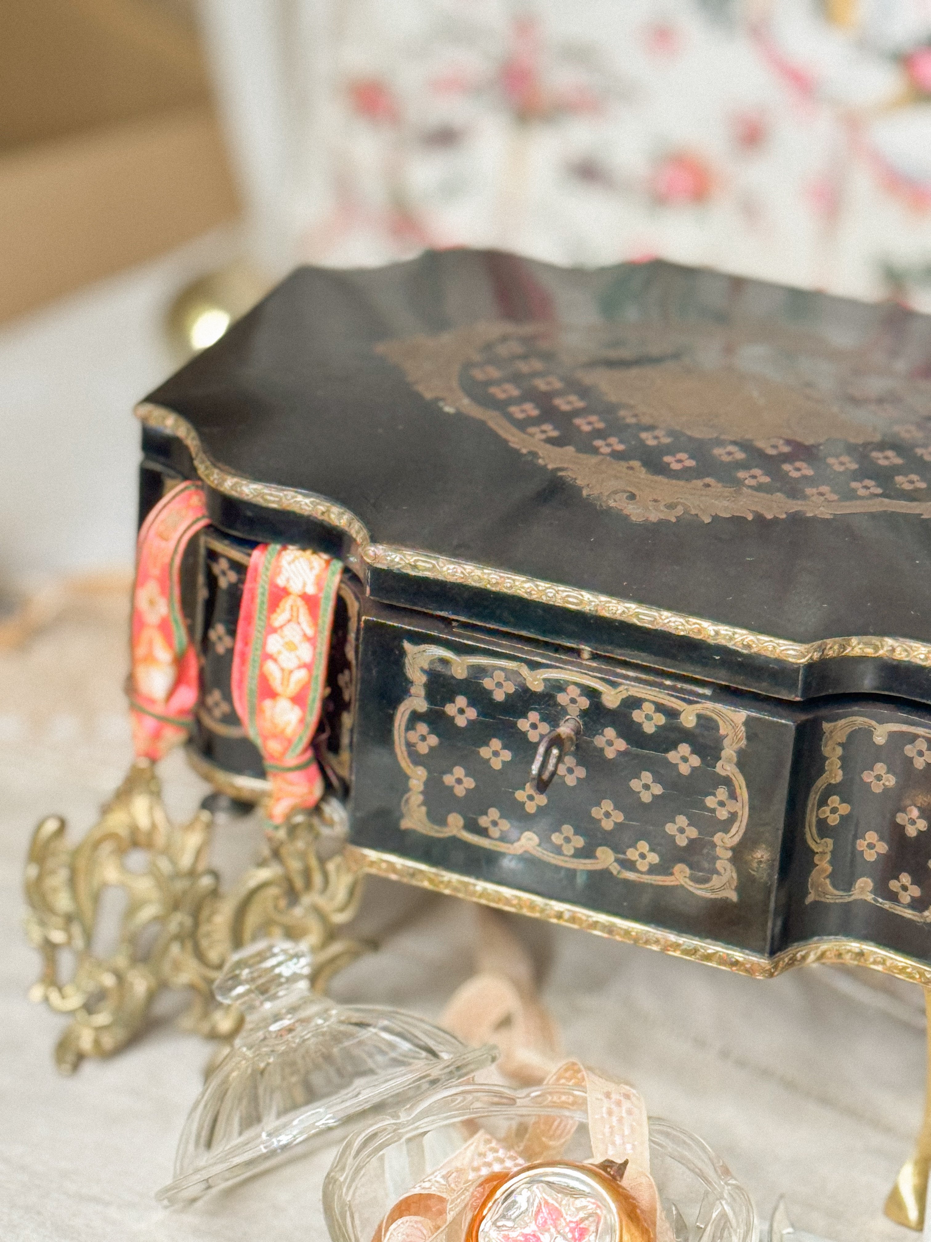 19th-Century French Marquetry Box with Brass Inlay and Ormolu Mounts